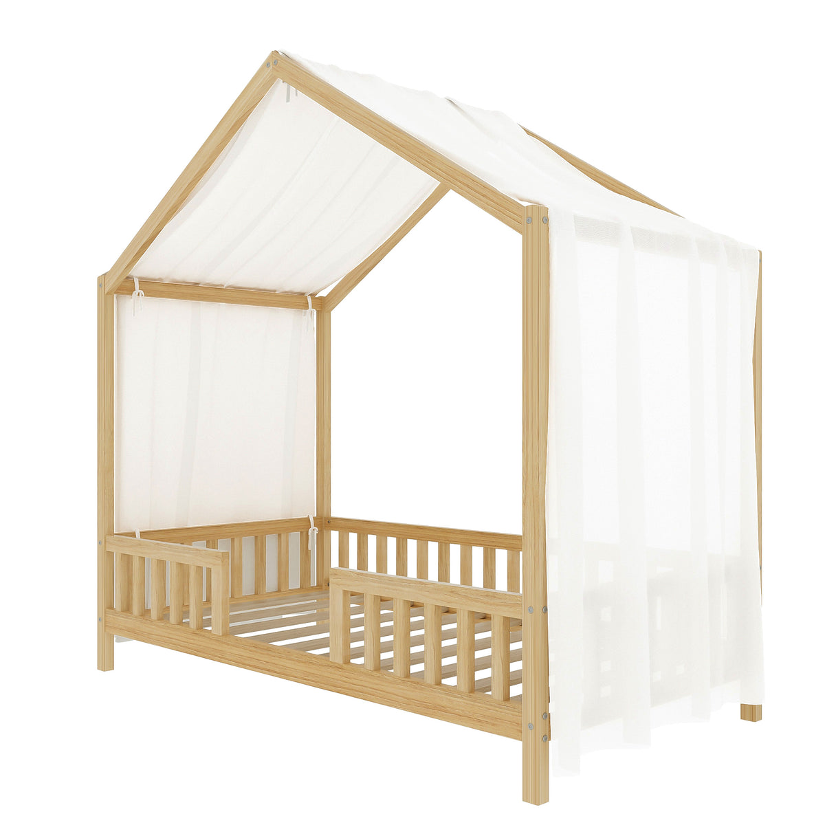 variant-group:rf-n733p356043m|Roomfitters Twin Montessori Floor Bed with Canopy, House Shape Wood Frame with Safety Rails, Youth Platform Bed, Natural