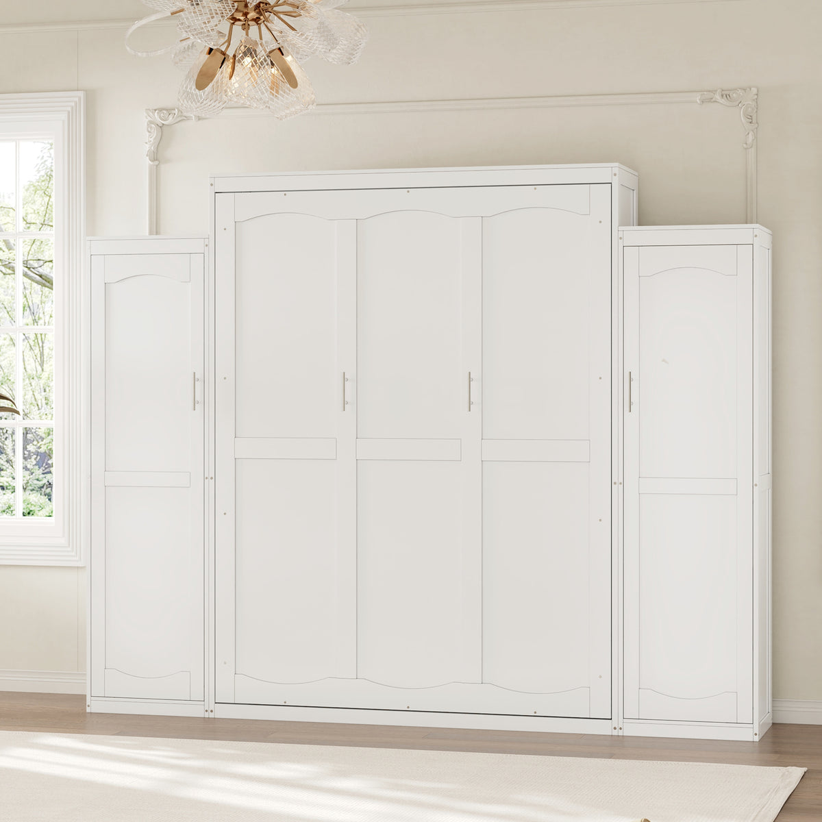 variant-group:rf-n733s339767k|Roomfitters Queen Murphy Bed with Storage Cabinets and Shelf, Foldable Wall Bed Platform for Guest Room and Bedroom, White