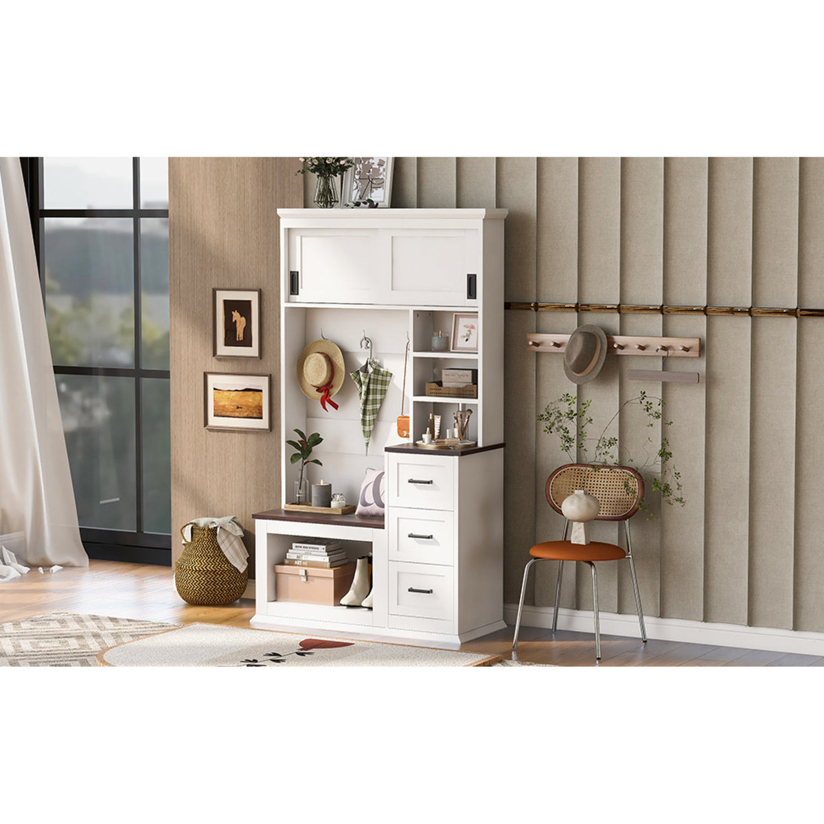 Roomfitters Modern Entryway Hall Tree with Storage Bench, 3 Drawers, White & Walnut Roomfitters