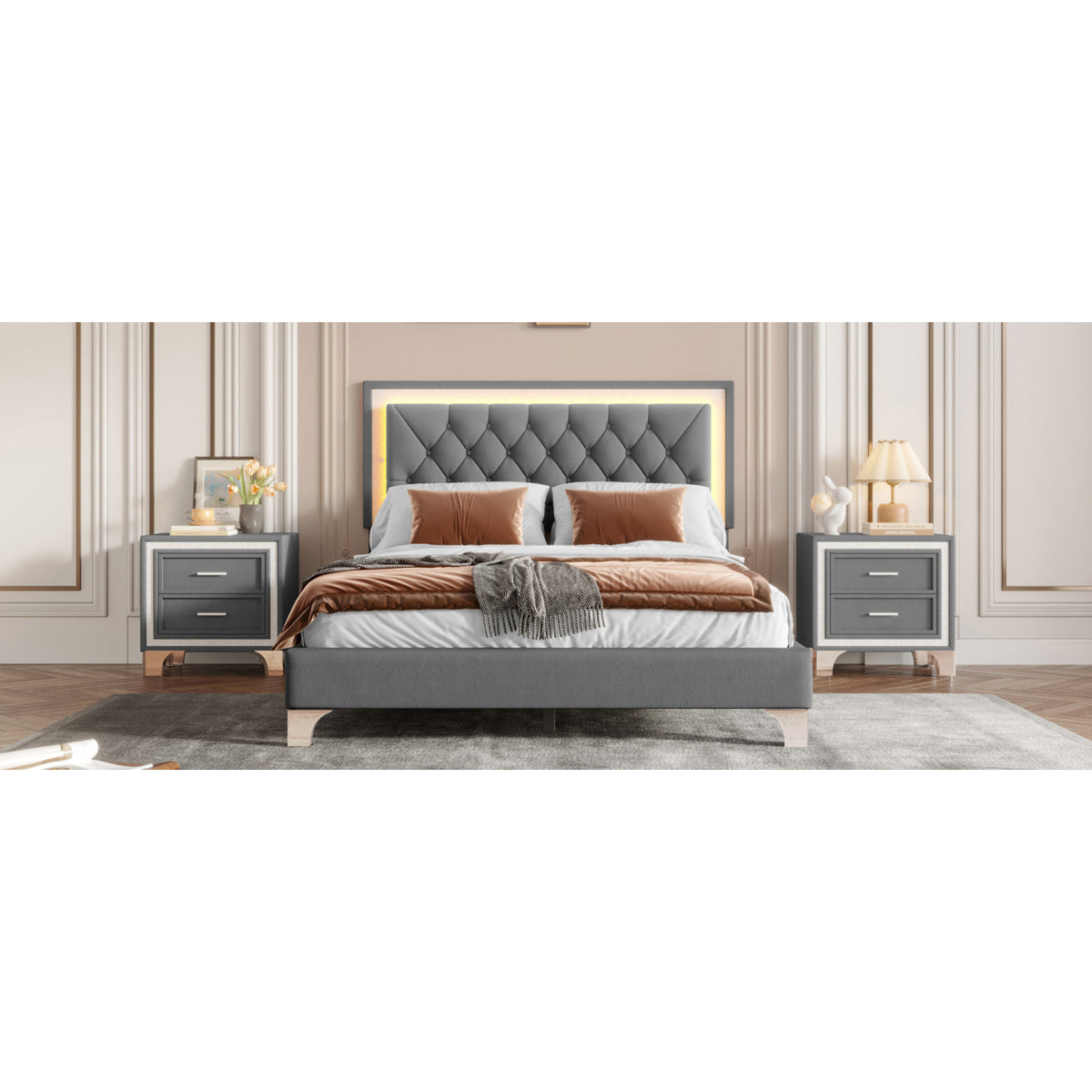 variant-group:rf-n733p183657e|Roomfitters Modern Velvet Queen Platform Bed with Tufted Headboard and Built-In Lighting, Gray