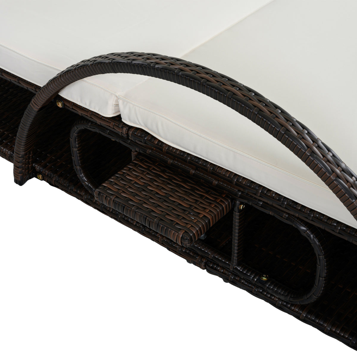 variant-group:rf-n711wy000485aaa|Roomfitters Beige HDPE Wicker Outdoor Double Sunbed, Steel Frame Patio Chaise, Hidden Side Tables, Canopy Shade