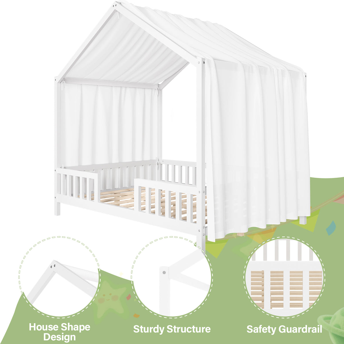 variant-group:rf-n733p356048k|Roomfitters Full Montessori Floor Bed with Canopy, House Shape Wood Frame with Safety Rails, Platform Bed, White