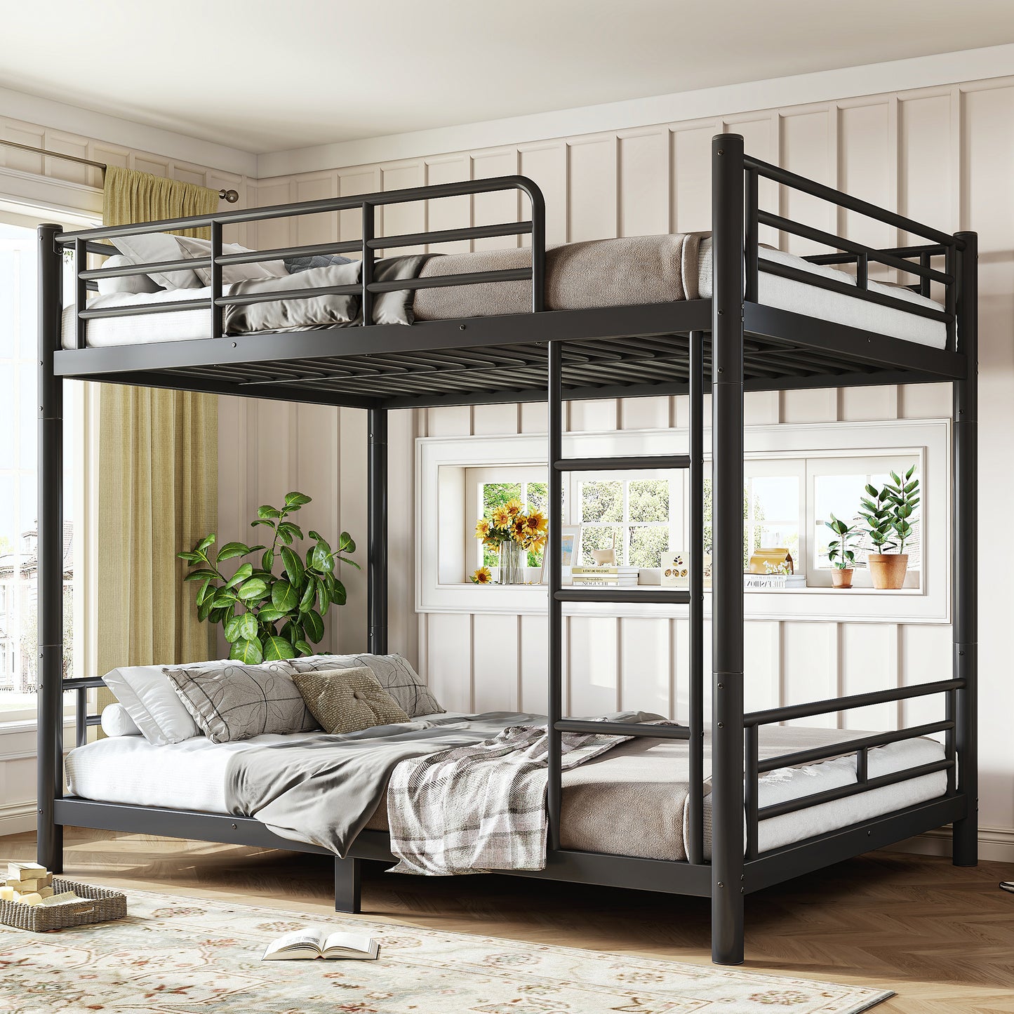variant-group:rf-w1580p454730|Roomfitters Full over Full Metal Bunk Bed Frame for Teens Adults, Convertible 2 Separate Beds Round Tube, Black