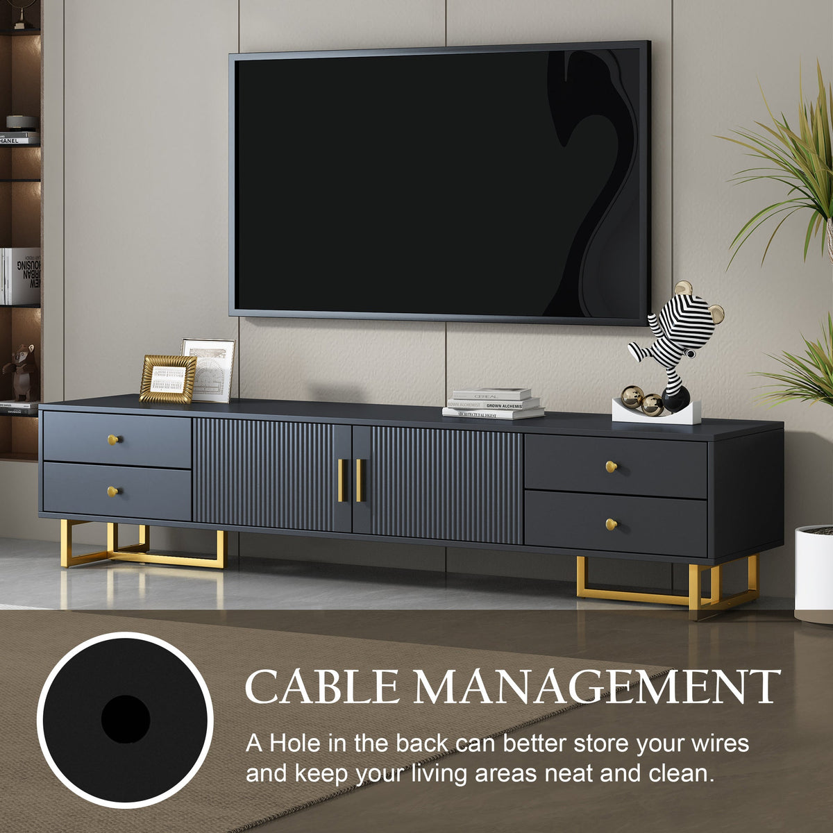 Roomfitters Modern TV Stand for 65 Inch TV and Above, Entertainment Console Cabinet with Storage Compartments, Black Roomfitters