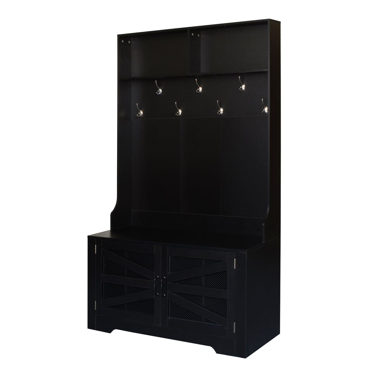 variant-group:rf-n724p264668b|Roomfitters 3-in-1 Entryway Bench with Coat Rack, Adjustable Shelves and 7 Hooks, 43.3" Hall Tree for Entrance or Living Room, Black