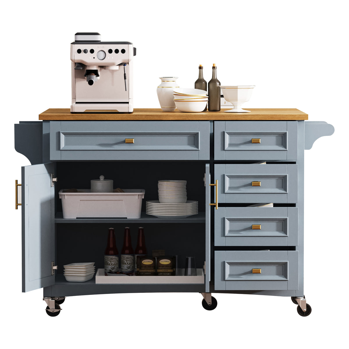 variant-group:rf-n707p195393g|Roomfitters 52" Kitchen Island with Drop Leaf, Rolling Kitchen Cart with Storage Cabinet, Spice Rack, Towel Rack, Adjustable Shelf, Blue Grey