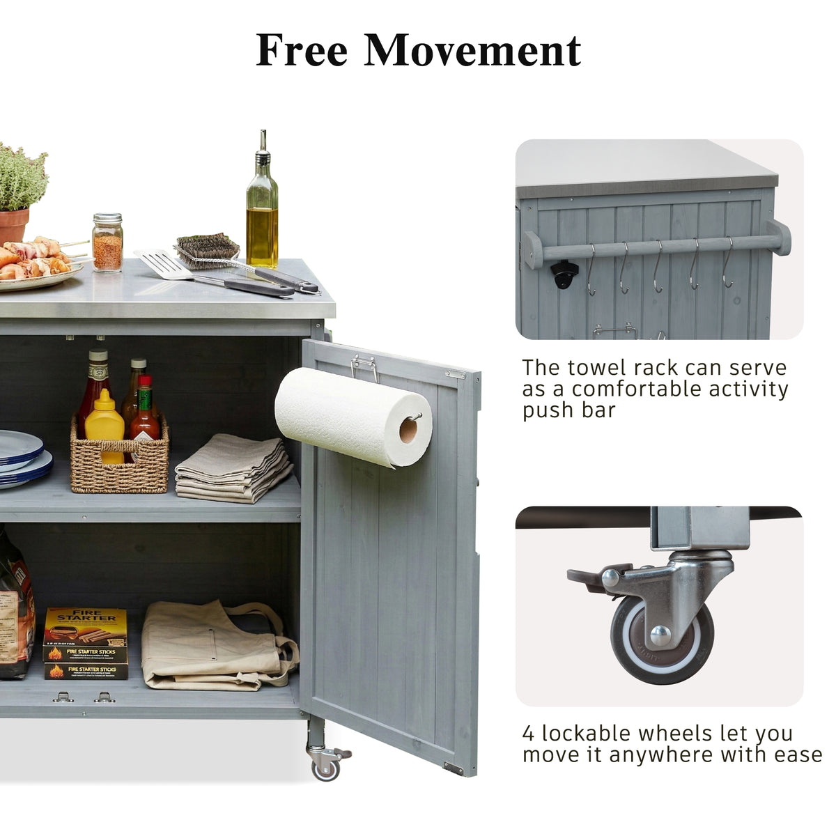 variant-group:rf-n707p370287g|Roomfitters 42.1" Grill Cart, Outdoor Kitchen Island with Stainless Steel Top, BBQ Prep Station with Spice Rack, Grey+Blue