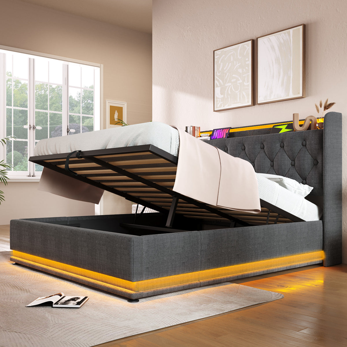 variant-group:rf-n736p188806g|Roomfitters Full Size Upholstered Storage Bed with USB Type-C Charging and Remote Control, Linen Gray