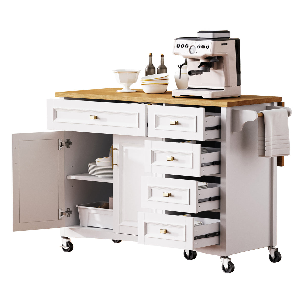 variant-group:rf-n707p195393w|Roomfitters 52" Kitchen Island with Drop Leaf, Rolling Kitchen Cart with Storage Cabinet, Spice Rack, Towel Rack, Adjustable Shelf, White