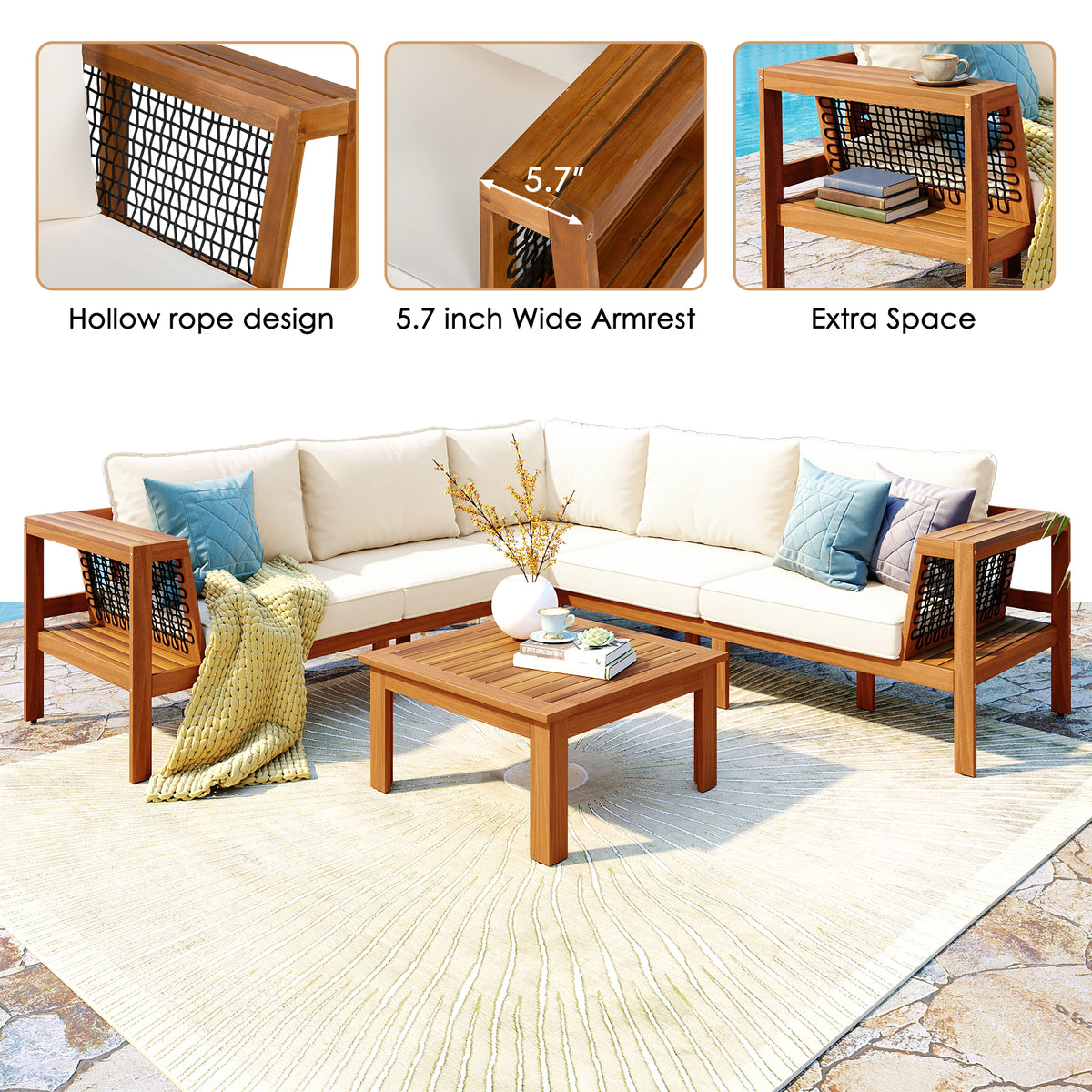 variant-group:rf-n704f201249n|Roomfitters 4-Piece Outdoor Sectional Sofa Set with Coffee Table and Built-in Side Shelves, Wood Frame, Beige+Teak
