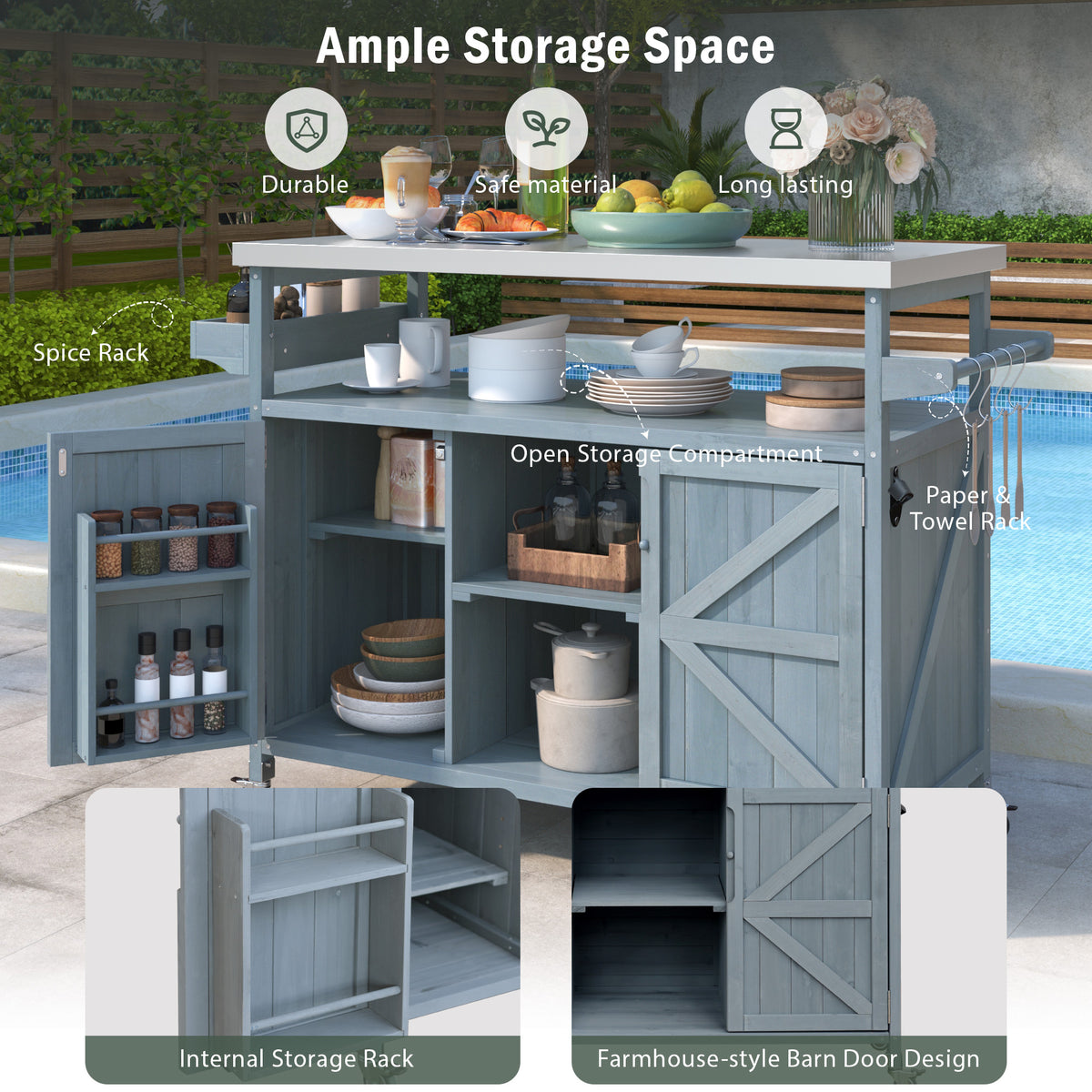 variant-group:rf-n707wf532198aag|Roomfitters Outdoor Kitchen Island Rolling Bar Cart & Storage Cabinet, Farmhouse Solid Wood Outdoor Grill Table with Stainless Steel Top, Spice Rack, Towel Rack for Kitchen & Barbecue, Grey Blue