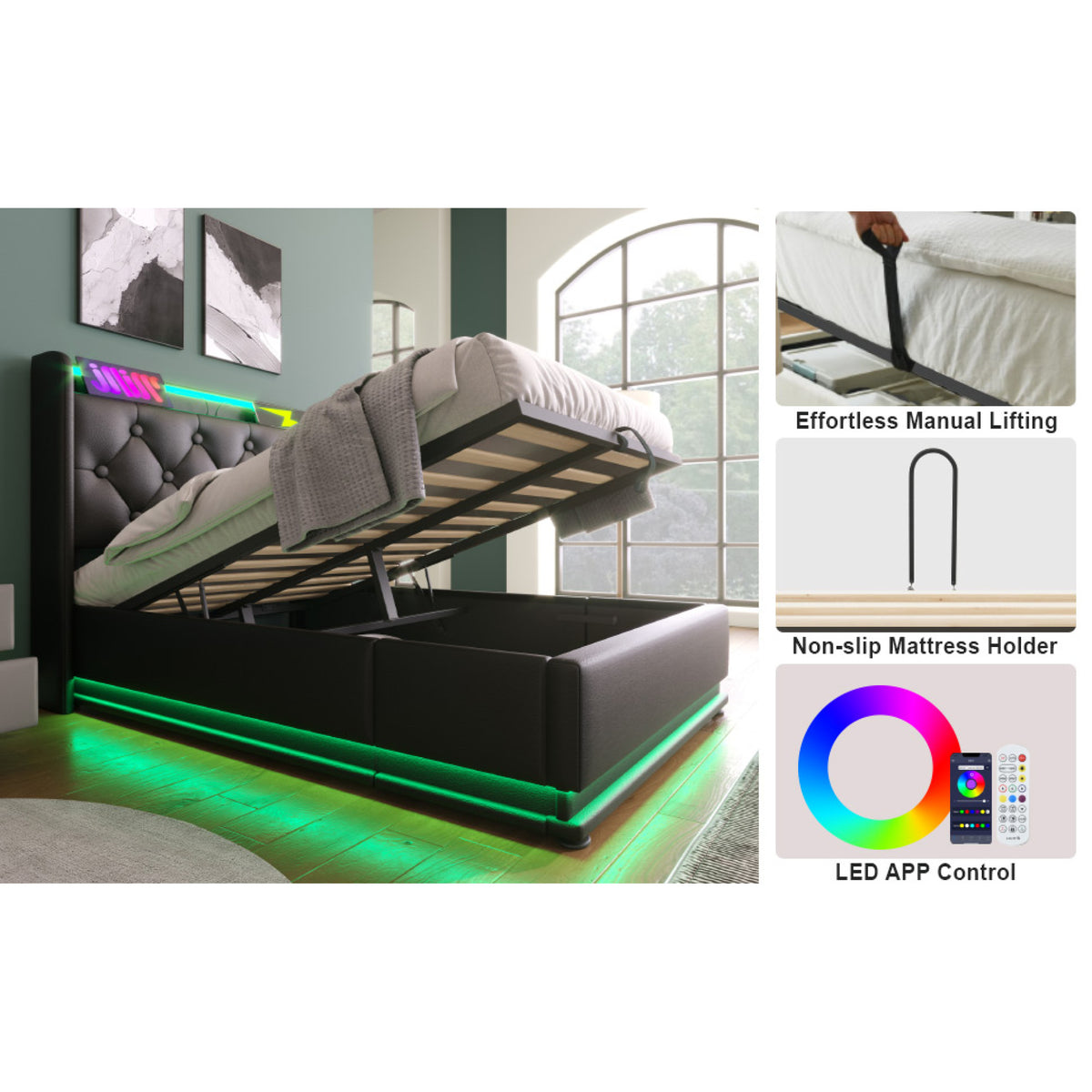 variant-group:rf-n736p188805b|Roomfitters Twin Size Upholstered Storage Bed with USB Type-C Charging and Remote Control, Faux Leather Black