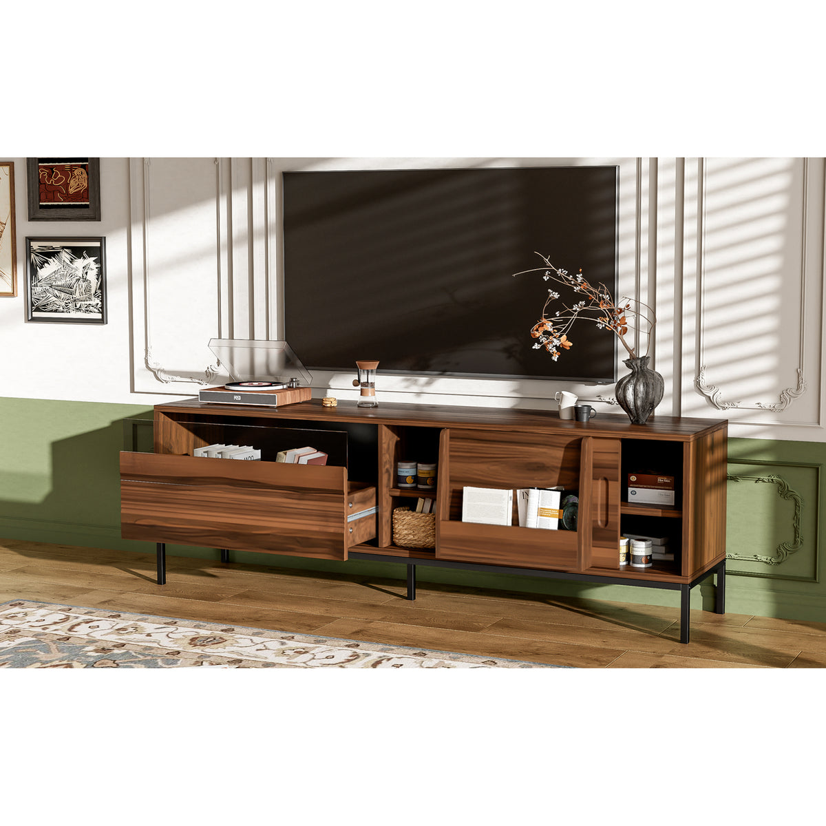 variant-group:rf-n724p360370d|Roomfitters Mid-Century Modern 70" TV Stand Console with Sliding Doors, Brown