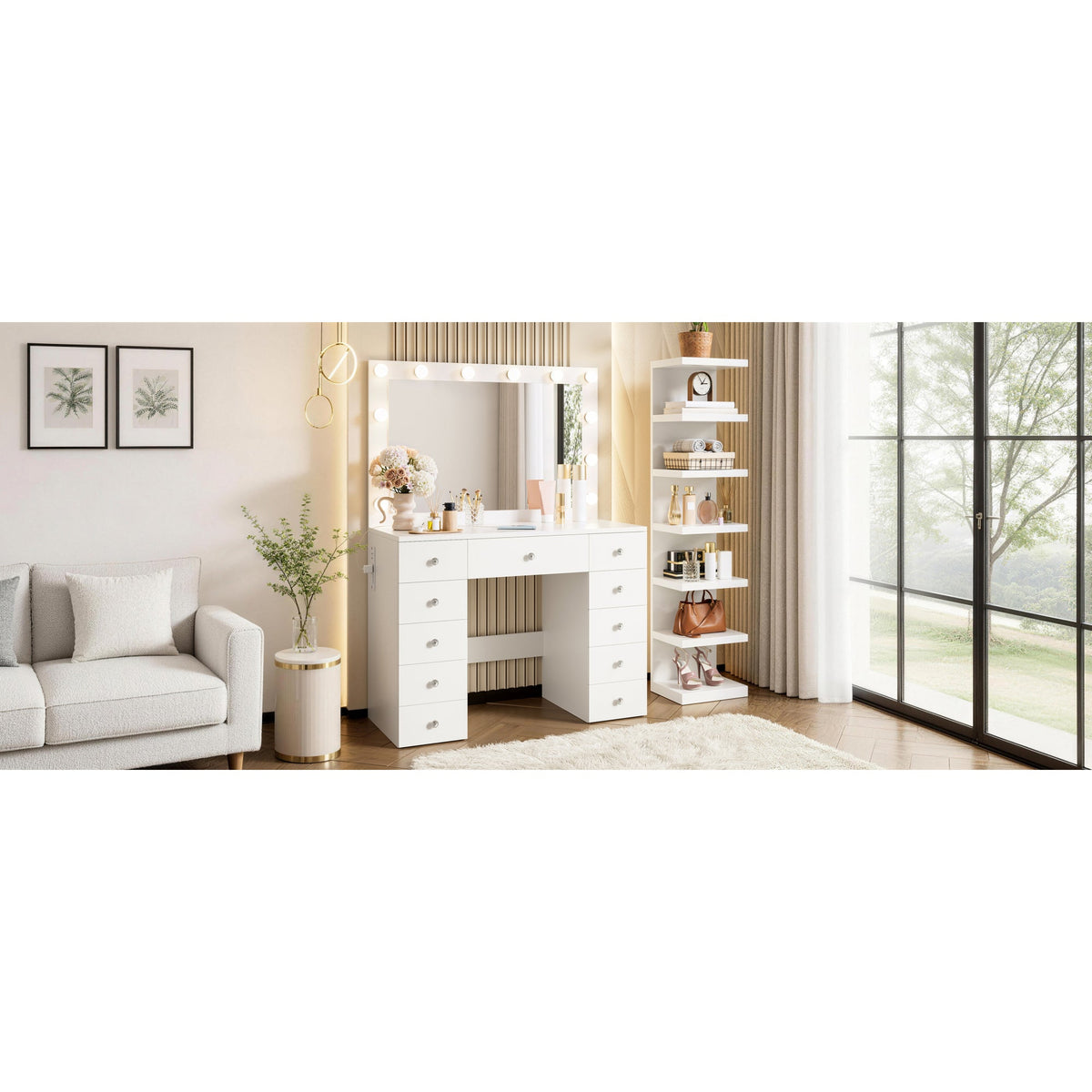 Roomfitters White Makeup Vanity Desk with 11 Hollywood LED Bulbs 7-Tier Side Storage Display Shelves and 11 Drawers Roomfitters