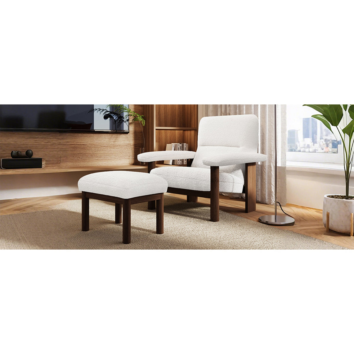 Roomfitters Mid-Century Accent Chair with Ottoman, Fabric Upholstered Armchair and Footrest Set with Wood Frame, White Roomfitters