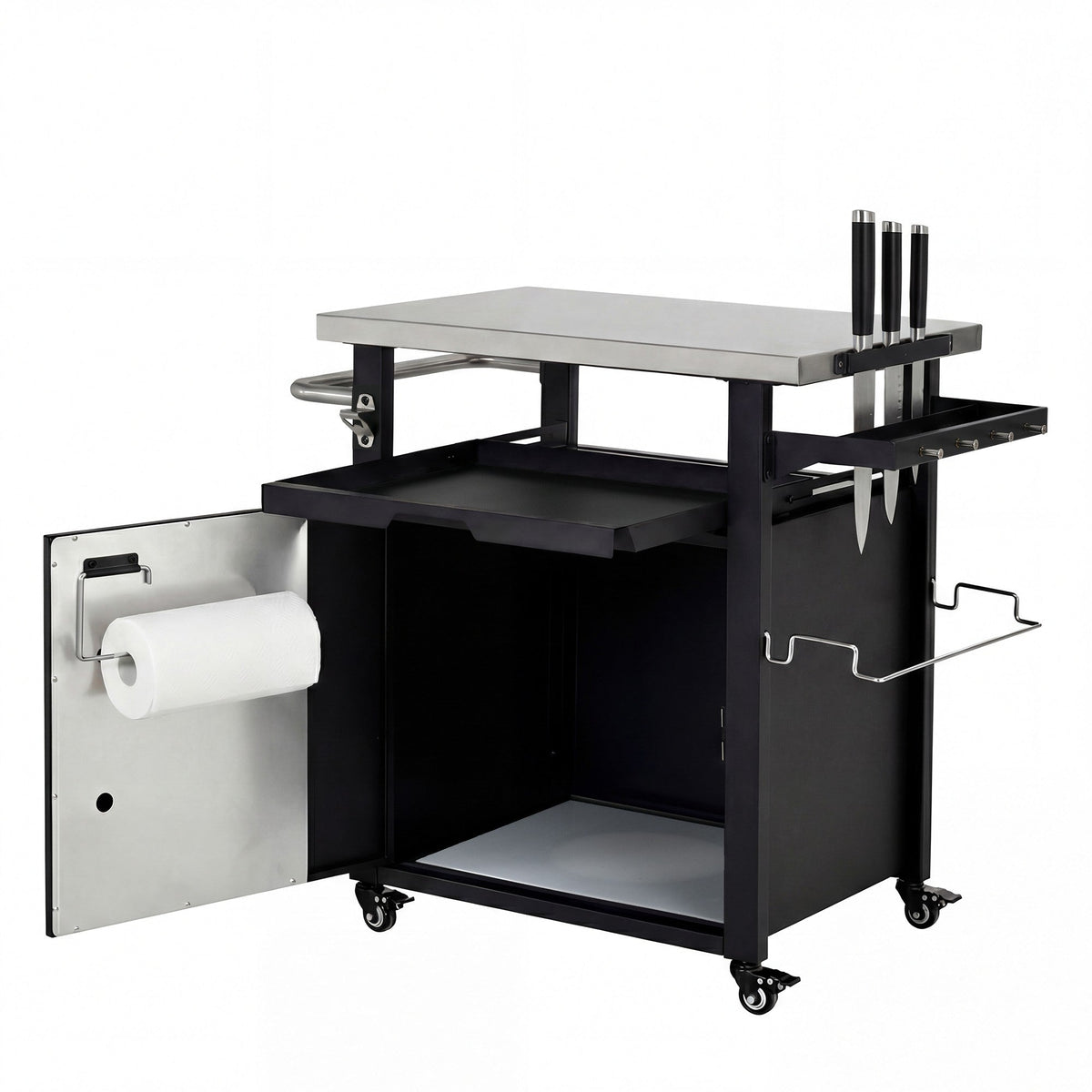 Roomfitters 39.5" Grill Cart with Stainless Steel Top, Outdoor Kitchen Island, BBQ Prep Station with Trash Bag Holder, Black