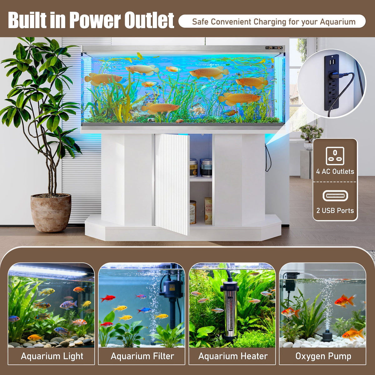 Roomfitters Modern 55-75 Gallon Heavy Duty Aquarium Stand with Moisture Resistant Cabinet Storage White Roomfitters