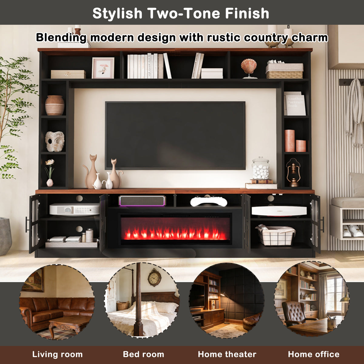 variant-group:rf-n724sj000159aab|Roomfitters 95.5"W Large Wall Unit Entertainment Center, 39" LED Fireplace, Black & Brown