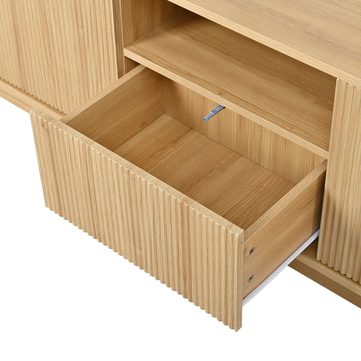 Roomfitters American Style TV Stand Console with Hidden Sliding Doors, Acacia Wood Roomfitters