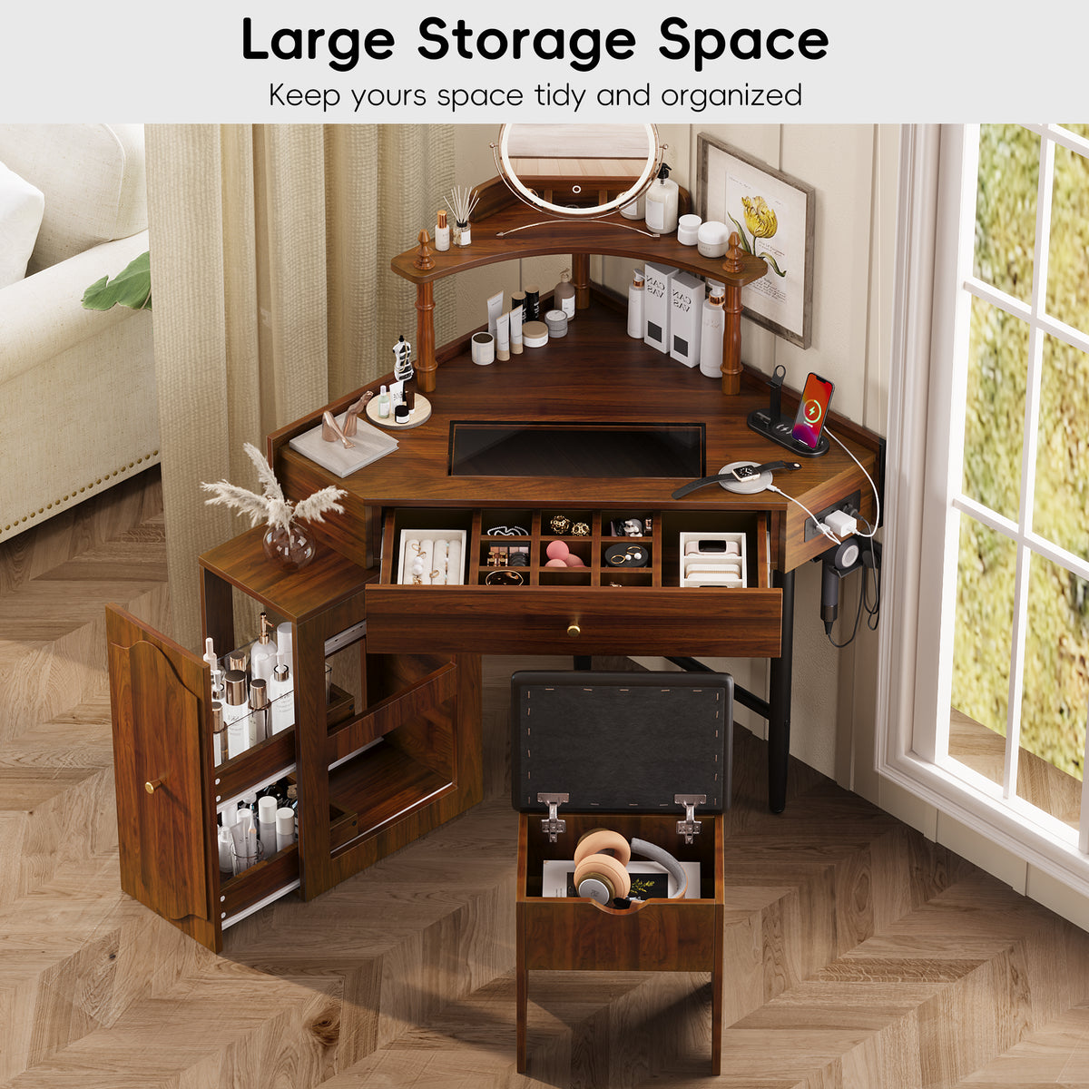 variant-group:rf-n733p336237d|Roomfitters Corner Vanity Desk Set with Stool, Charging Station, Glass Top, Drawer, Shelf, Pull-Out Cabinet, Walnut