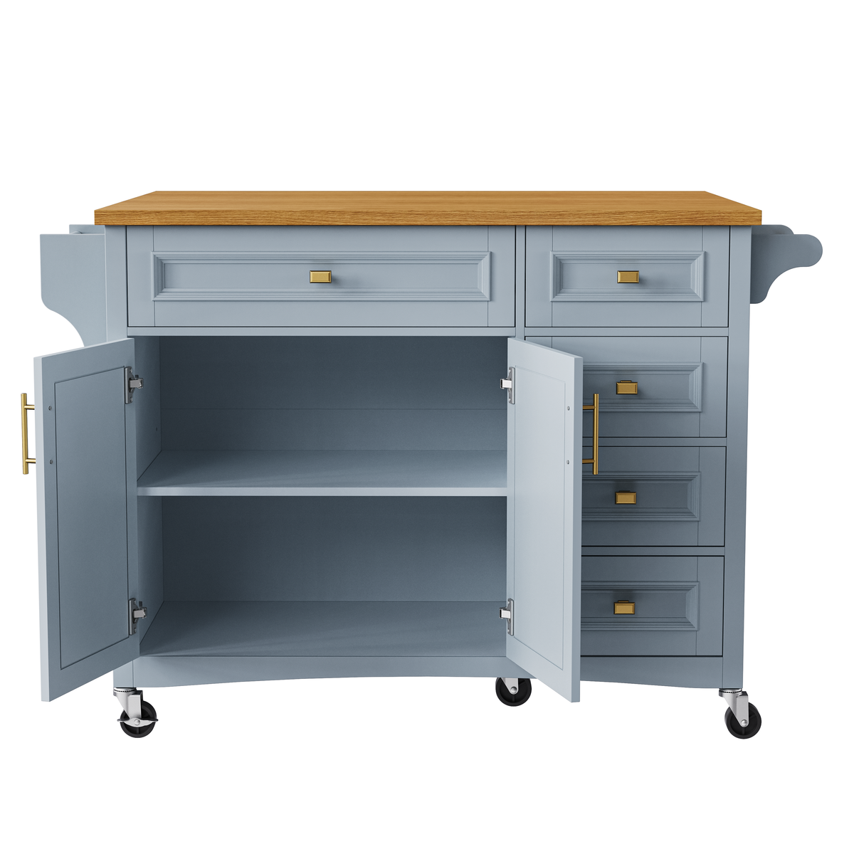 Roomfitters 52" Kitchen Island with Wood Top, 5 Storage Drawers and Cabinet, Mobile Cart with Gold Hardware, Blue-Grey