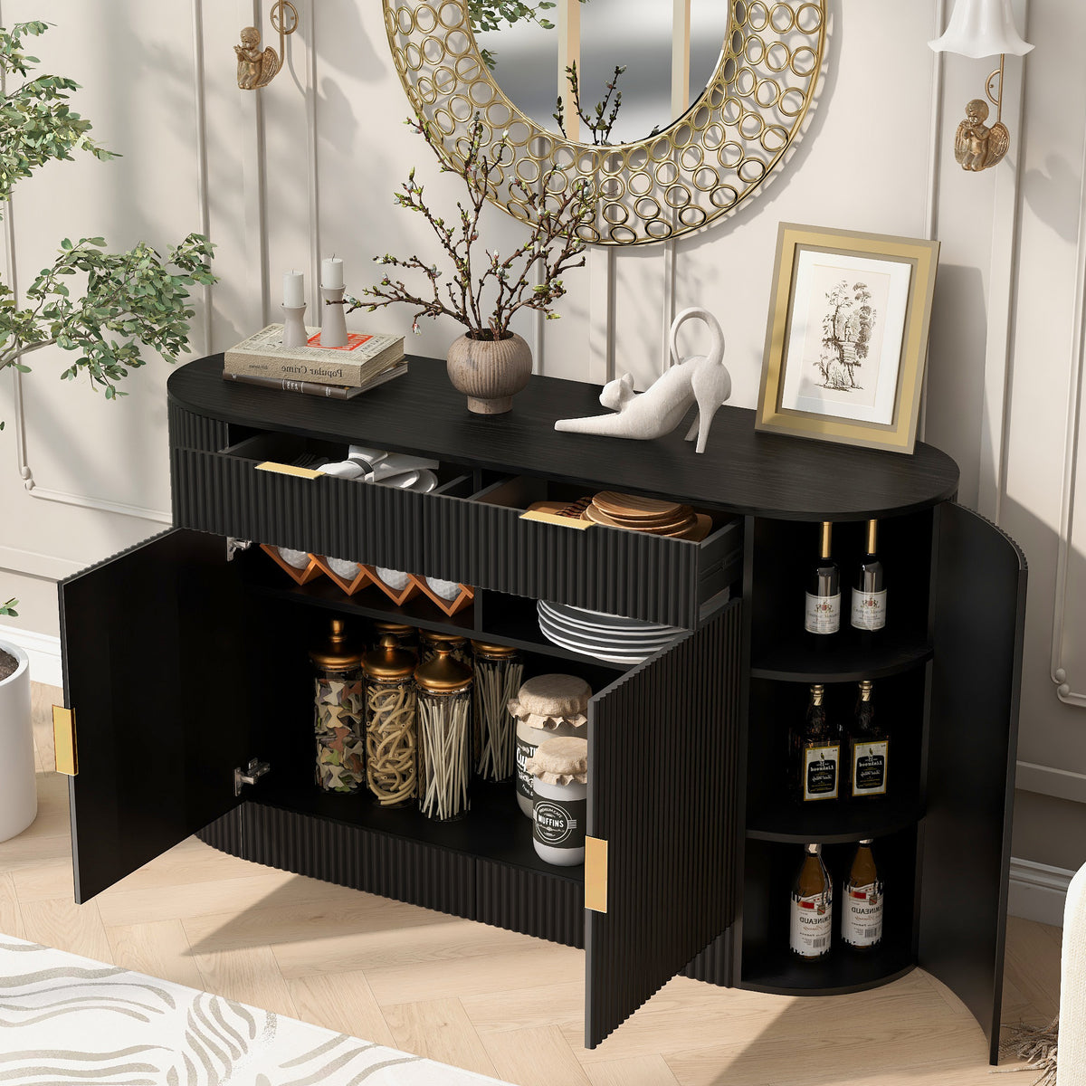 variant-group:rf-n711p345168b|Roomfitters 55.1" Oval Sideboard Buffet Cabinet with 2 Drawers & Wine Rack, Mid-century Modern Fluted Accent for Dining, Black