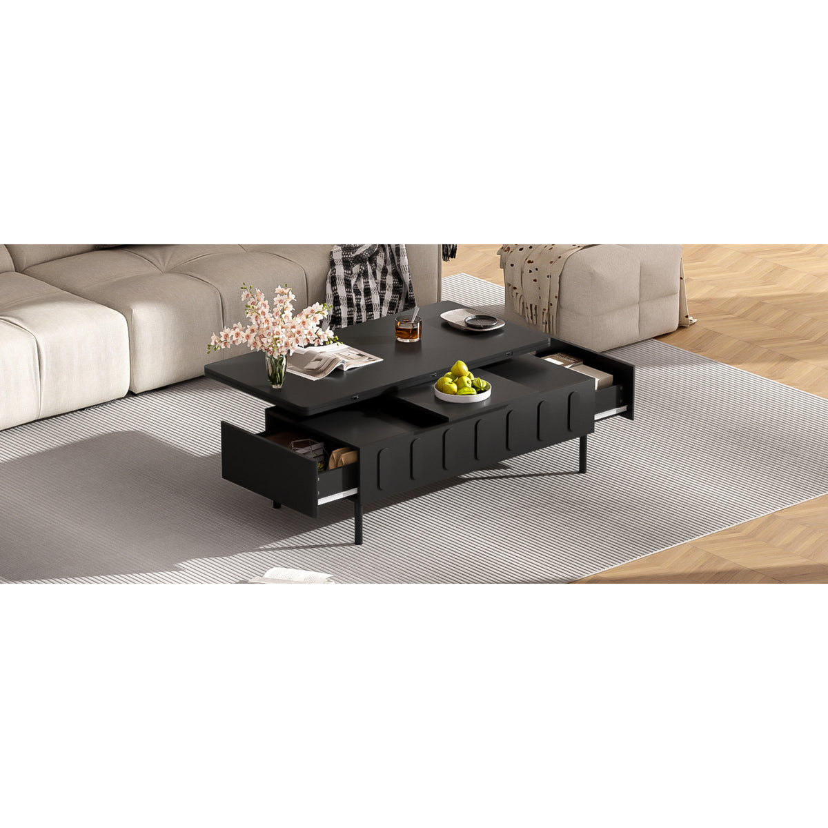 variant-group:rf-n724p292514b|Roomfitters Lift-Top Coffee Table with 2 Drawers and Foldable Top, Hidden Storage Compartment, Adjustable Center Table, Black