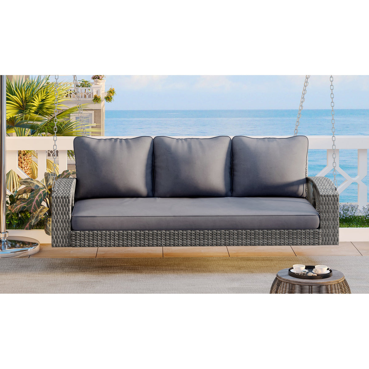 Roomfitters 69" PE Wicker 3-Person Porch Swing, Large Patio Swing Bench with Chains & Cushions, Backyard & Garden, Gray Roomfitters