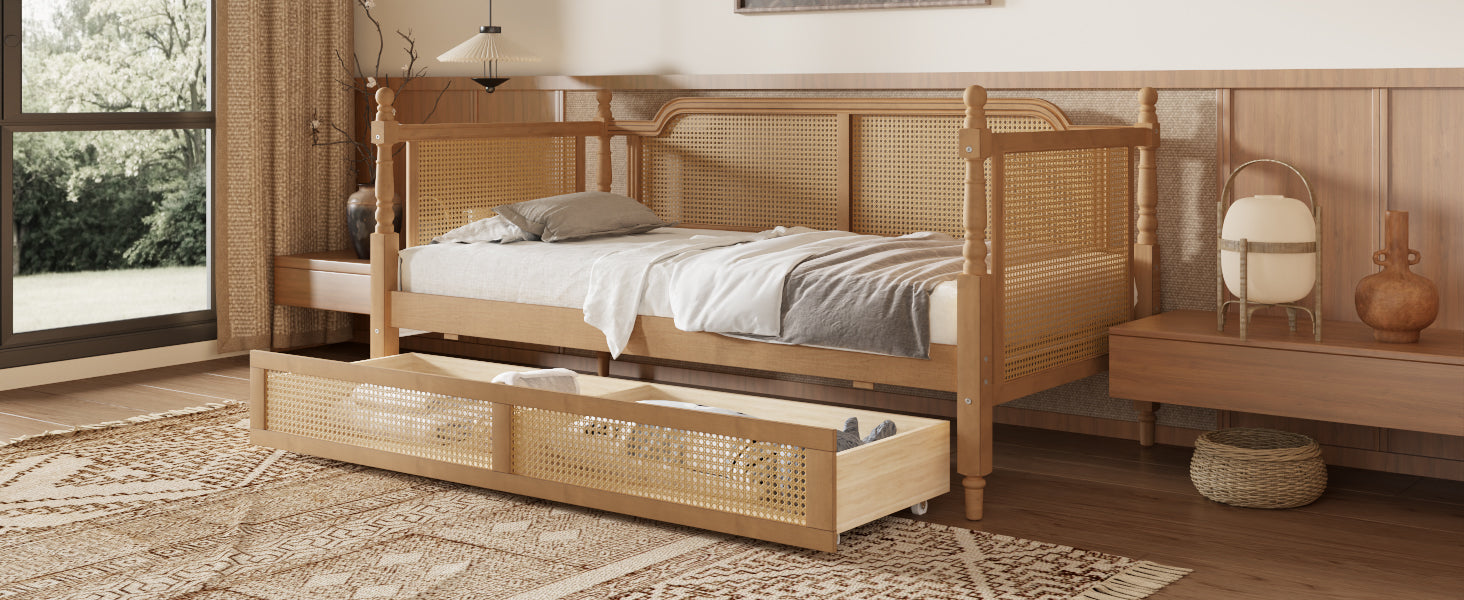 variant-group:rf-n701bs701p415472d|Roomfitters Twin Size Traditional Rattan Daybed Frame with 2 Storage Drawers, French Country Wood Bed, No Box Spring, Walnut