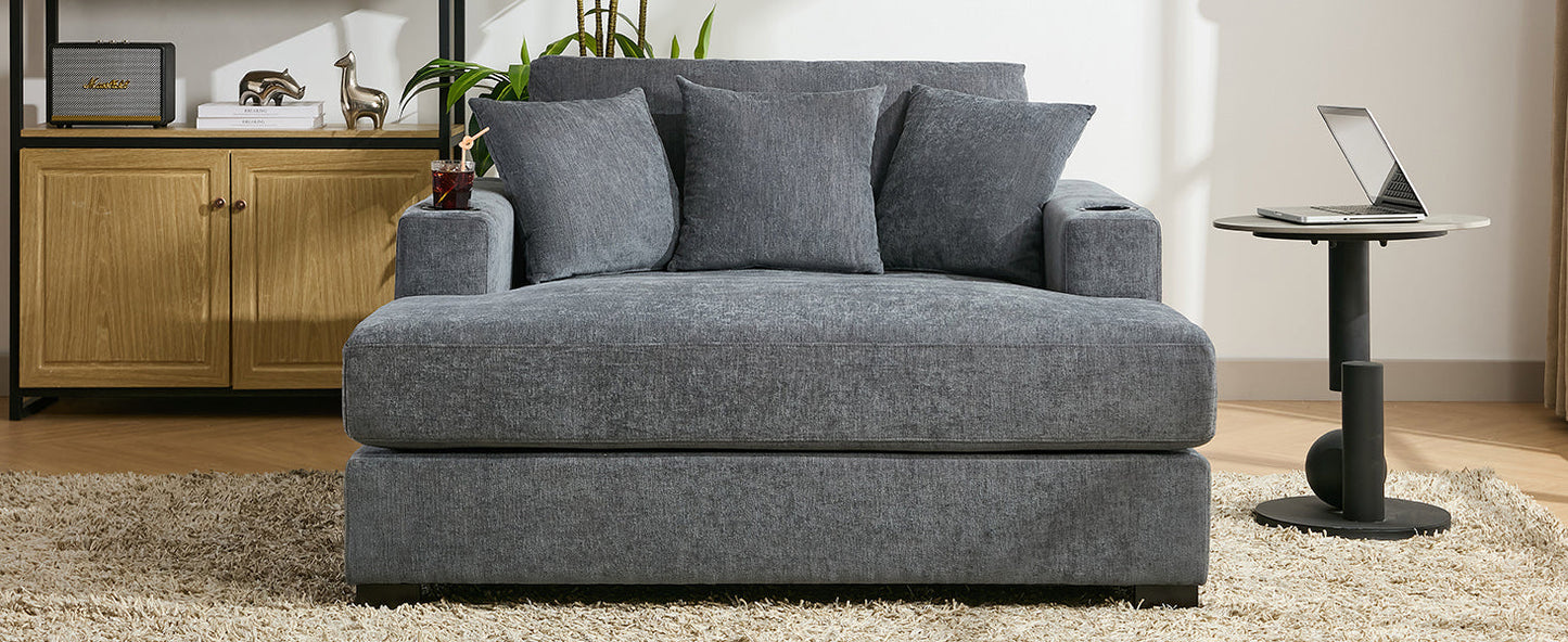 Roomfitters Oversized Chaise Lounger Sofa Couch, Upholstered Accent Chair Charge Station Cup Holders, Blue Gray
