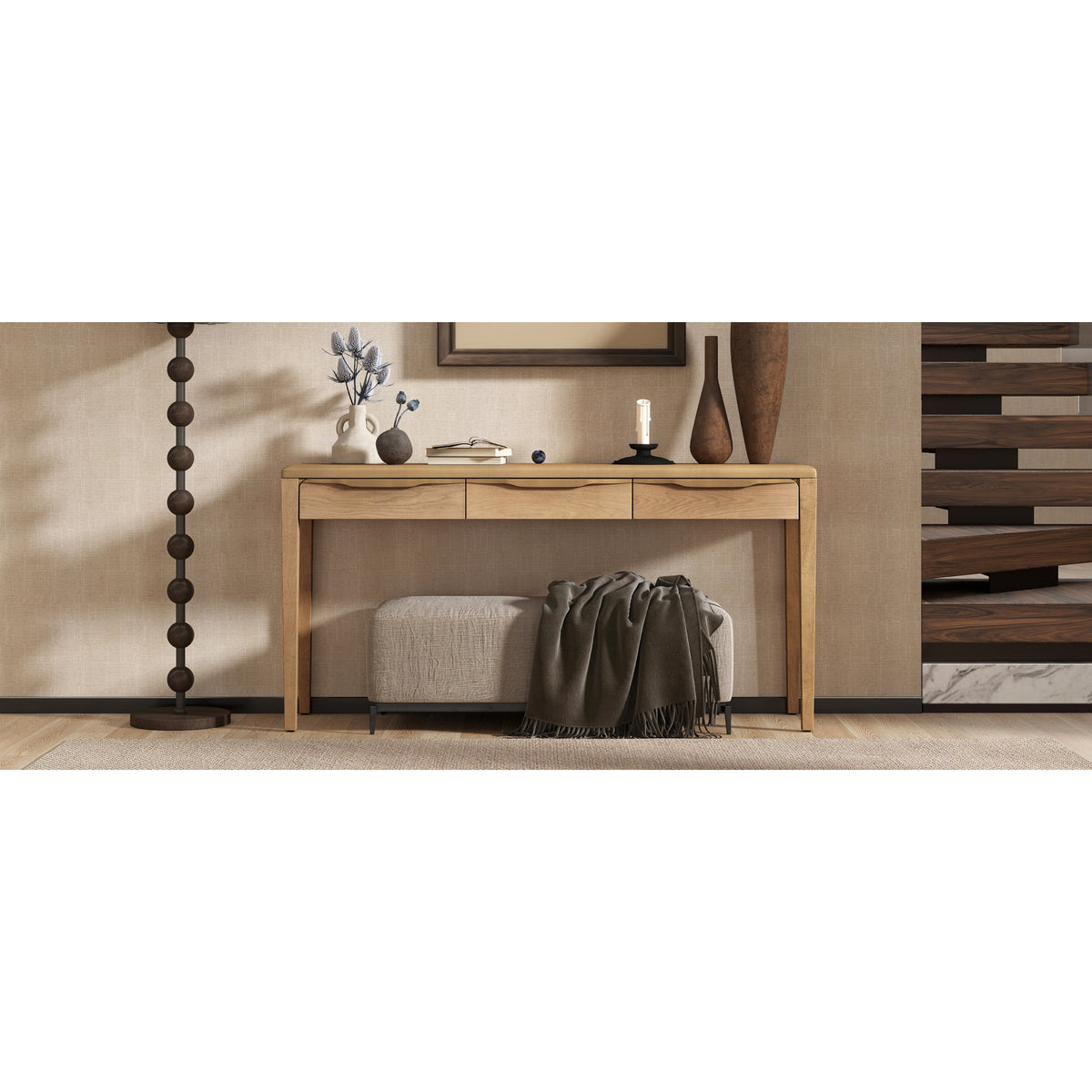 variant-group:rf-n711p401926n|Roomfitters Light Luxury Natural Oak Veneer Console Table with 3 Wavy Curved Drawers and Soft Rounded Corners