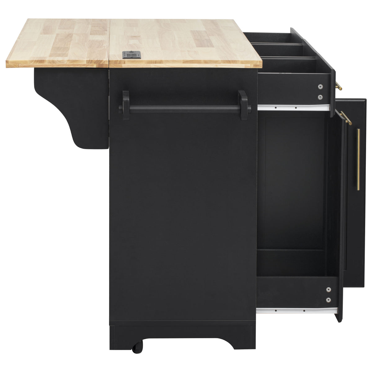variant-group:rf-n707s299014b|Roomfitters 59.3" Kitchen Island with Power Outlet, Drop Leaf and Double Trash Can Pull Out, Rolling Cart, Black