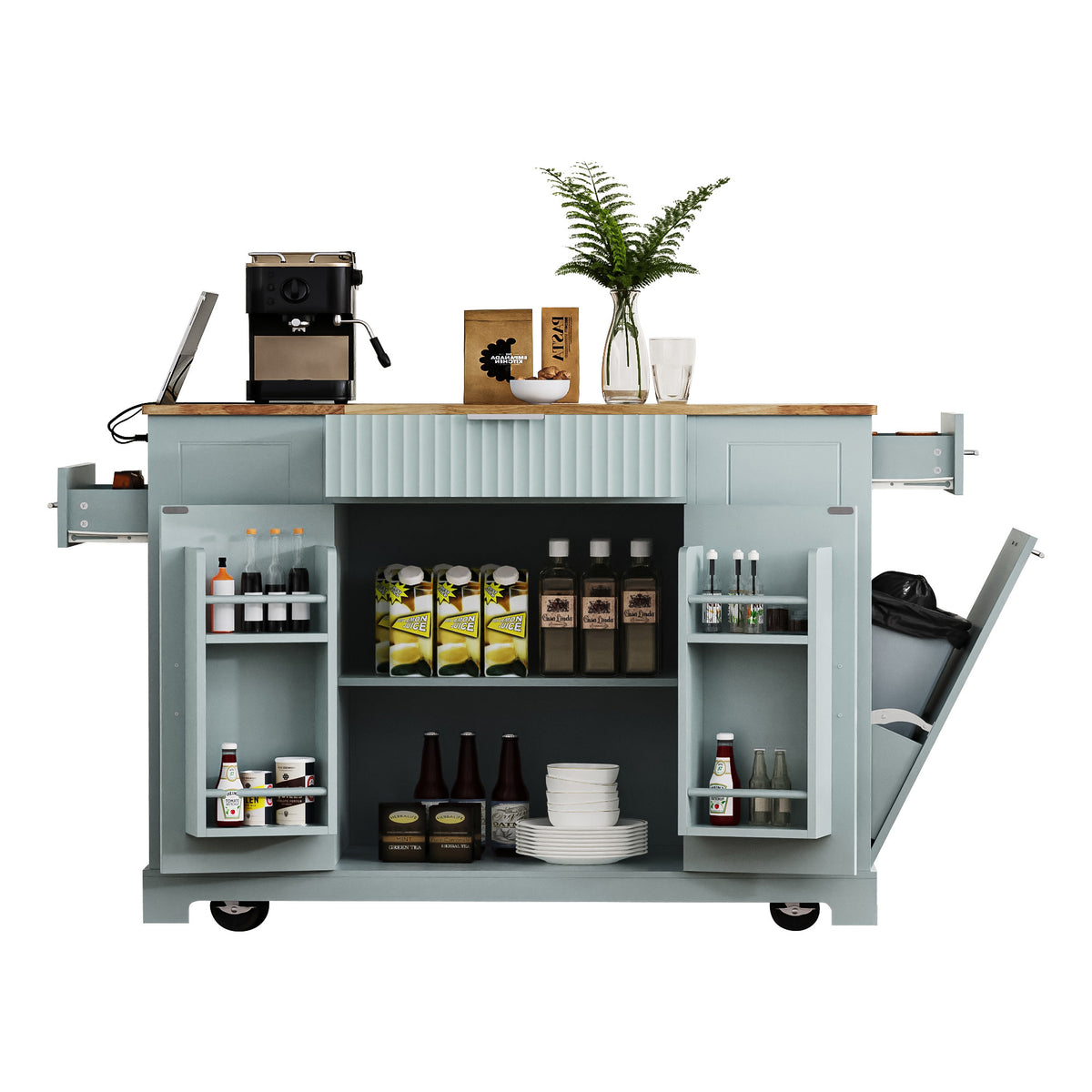 variant-group:rf-n707p221571g|Roomfitters Fluted Kitchen Island with Trash Can Cabinet, Power Outlet, Storage Rack, Rolling Cart with Open Side Racks, Grey Blue