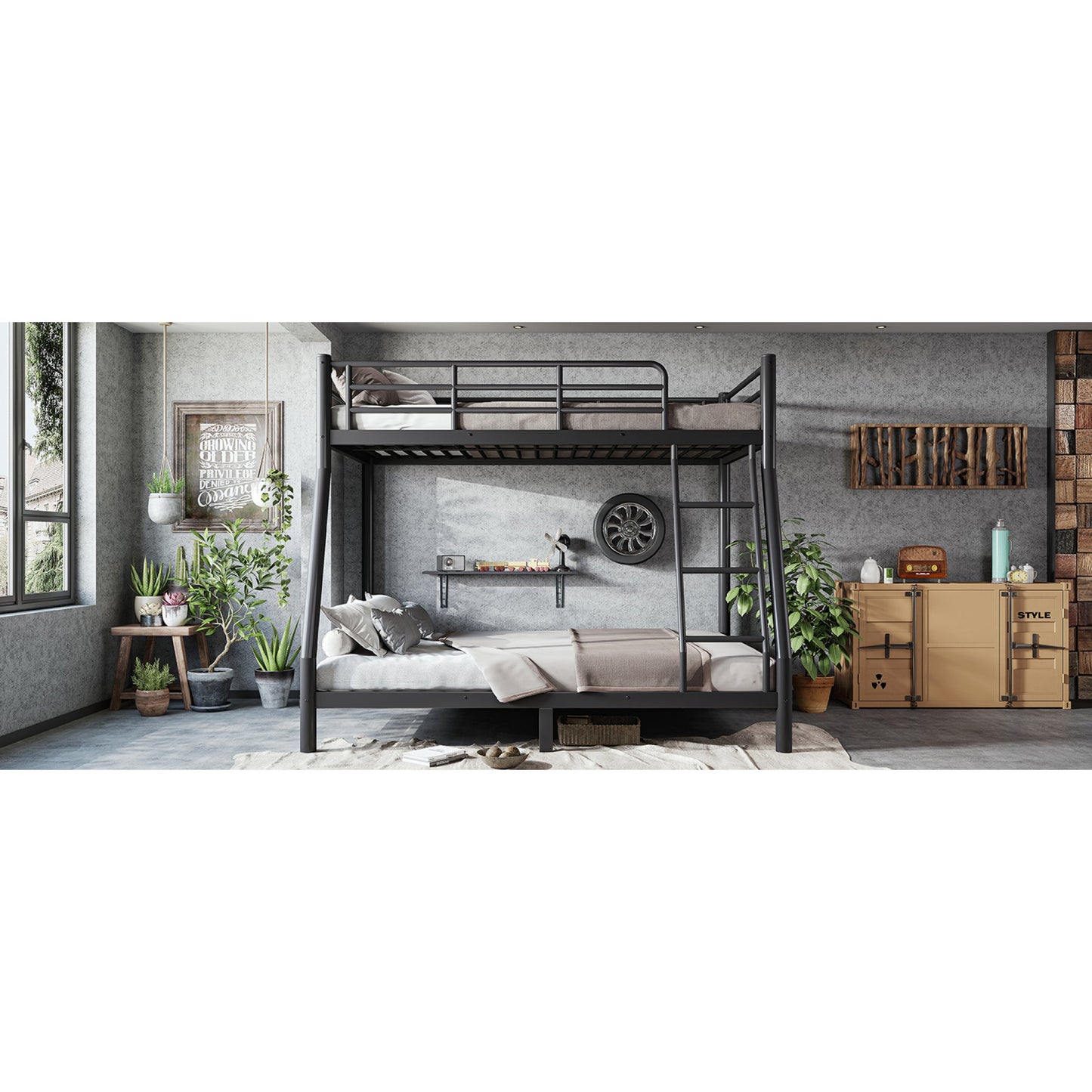 Roomfitters Twin over Full Bunk Bed Frame for Teens Adults, Heavy Duty Metal Round Tube Noise Free No Box Spring, Black