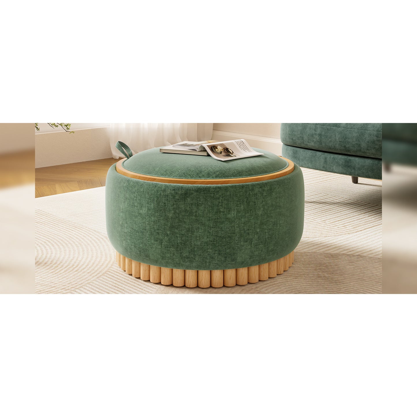 variant-group:rf-n723p405304g|Roomfitters 29 Inch Round Storage Ottoman with Reversible Wooden Tray Top, Upholstered Coffee Table for Living Room, Green