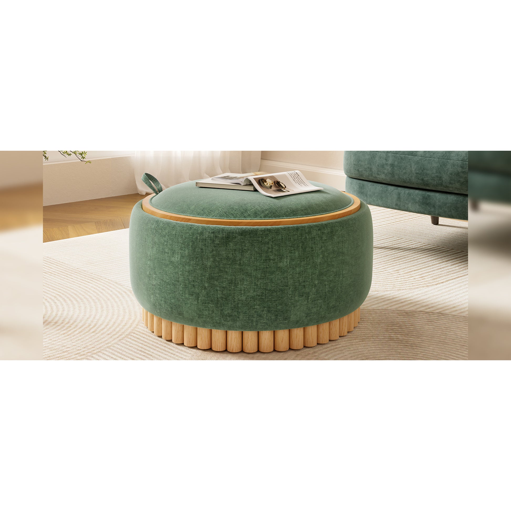 variant-group:rf-n723p405304g|Roomfitters 29 Inch Round Storage Ottoman with Reversible Wooden Tray Top, Upholstered Coffee Table for Living Room, Green