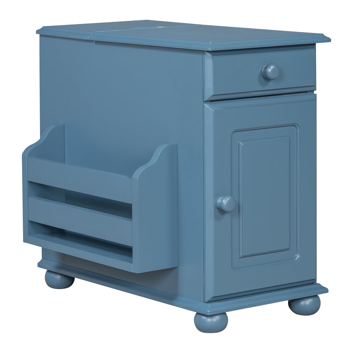 variant-group:rf-n724p293133m|Roomfitters Vintage Sofa Side Table with USB Ports, Flip Top, Cup Holders and Bookshelf Storage for Small Spaces, Navy Blue