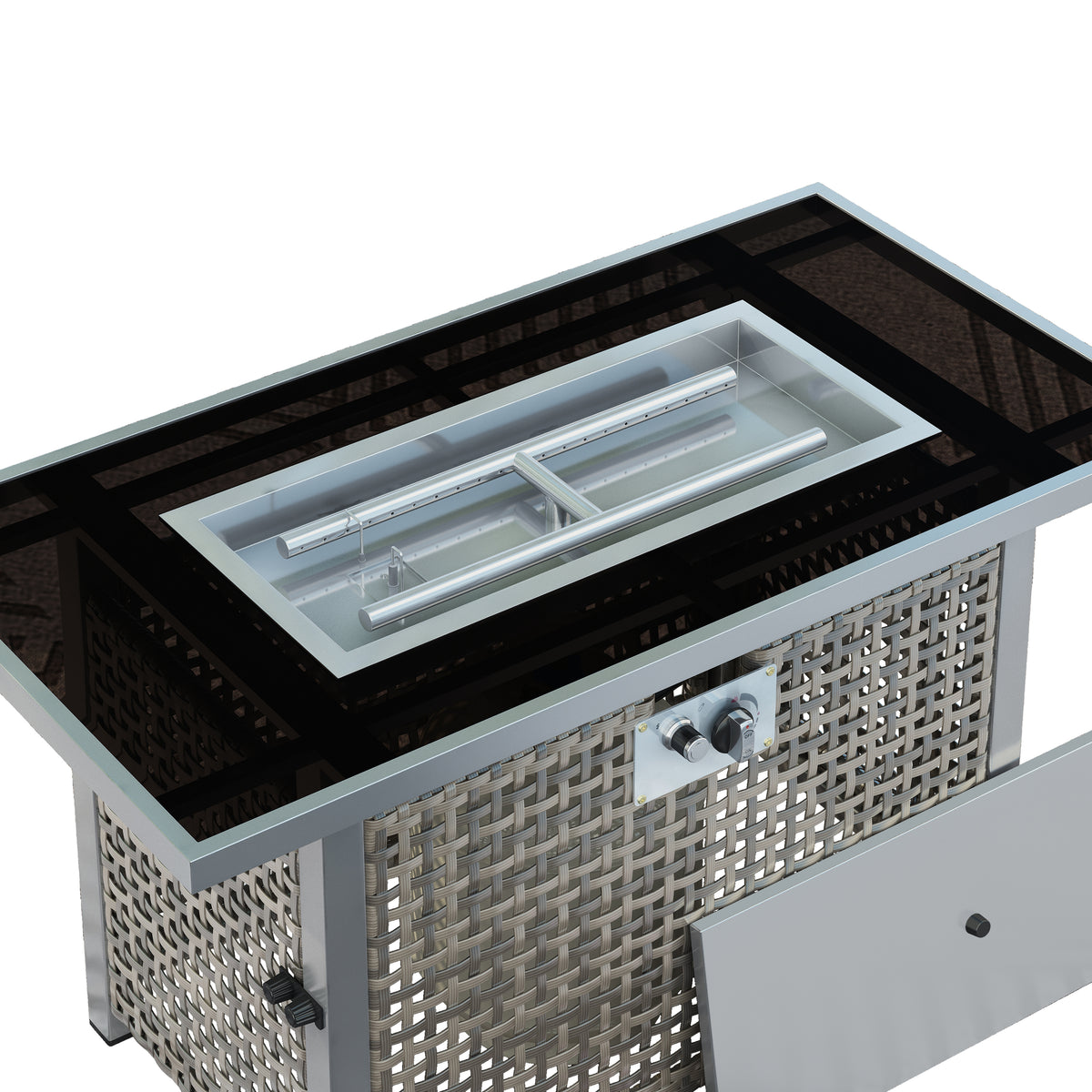 variant-group:rf-n707p210158g|Roomfitters 43" Propane Fire Pit Table, 60,000 BTU Rectangular Wicker Fire Pit with Glass Wind Guard for Patio, Grey