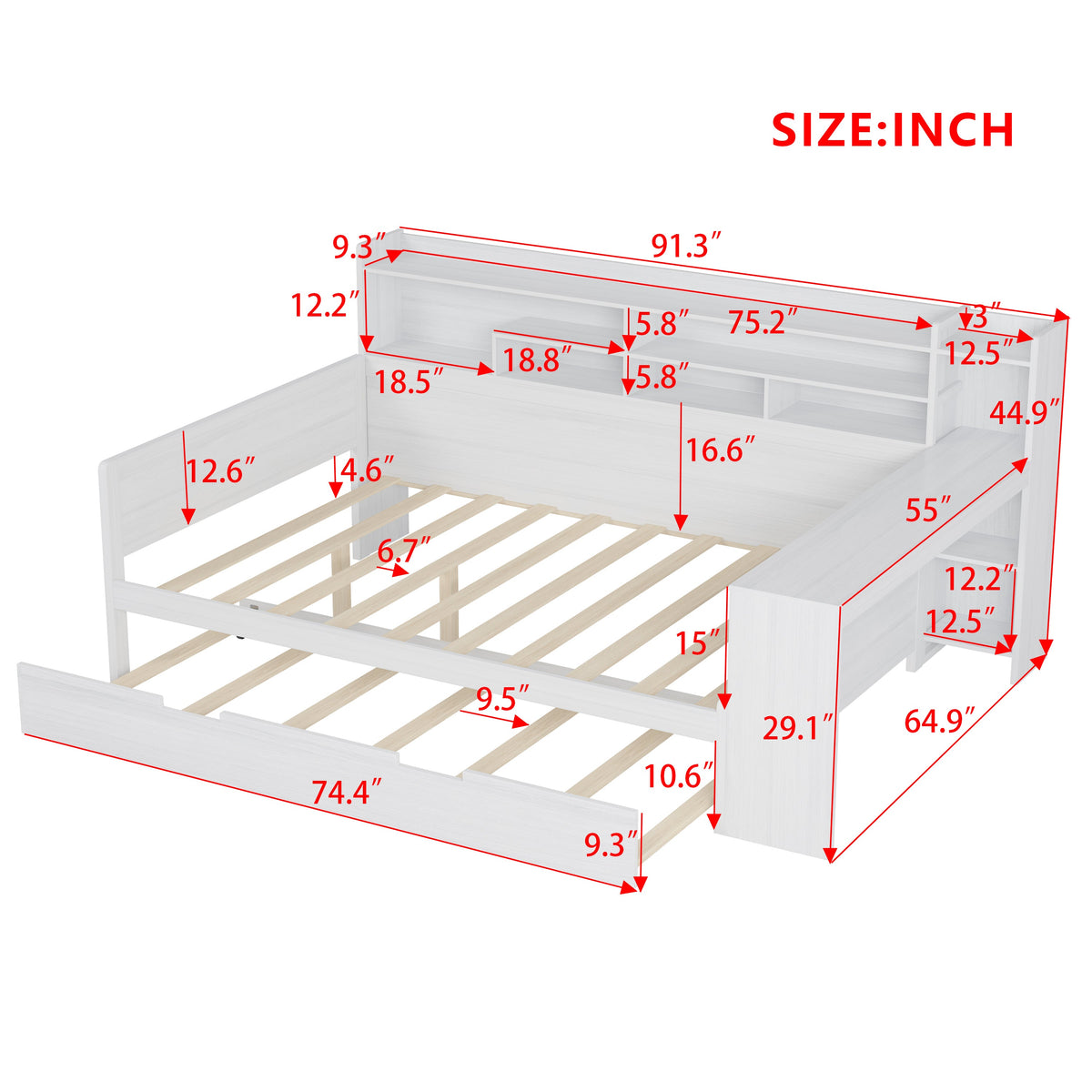 Roomfitters Wooden Full Size Daybed with Storage Shelves, Multi-functional Bed with Twin Size Trundle Bed and Study Desk, Antique White