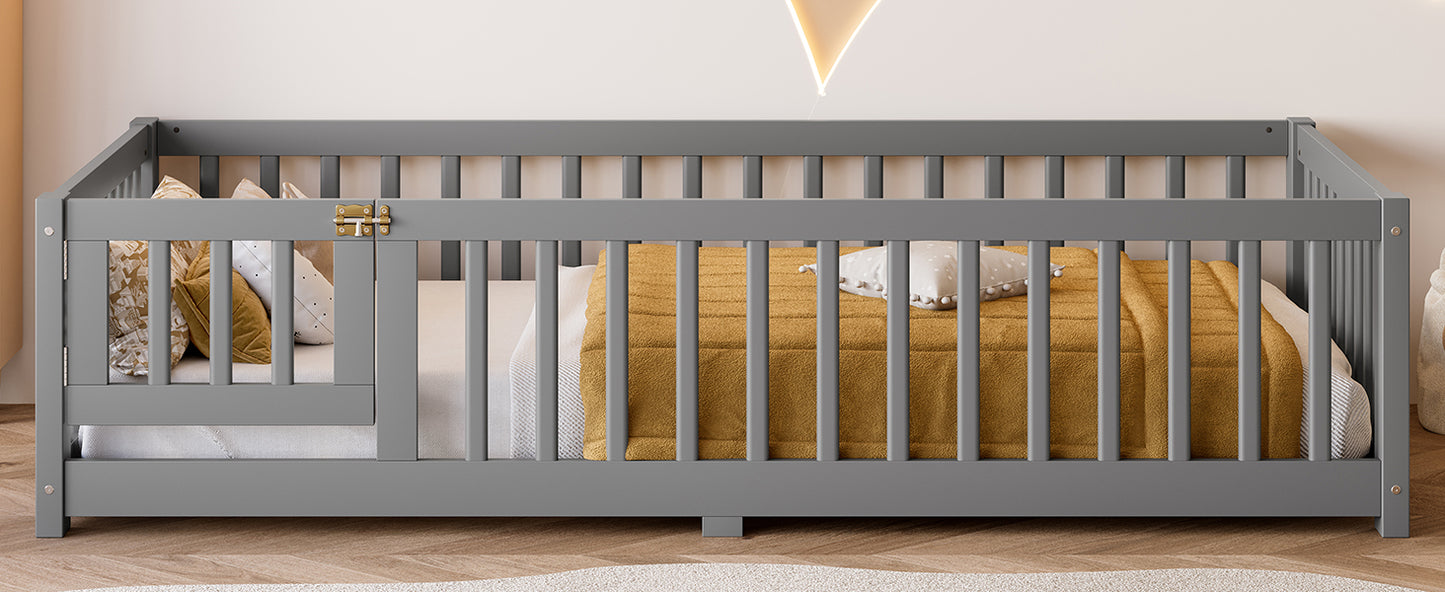 variant-group:rf-w1580p338948|Roomfitters Wooden Twin Floor Bed Frame with Door & Safety Guardrails, Low Platform Design for Bedroom or Playroom, Gray