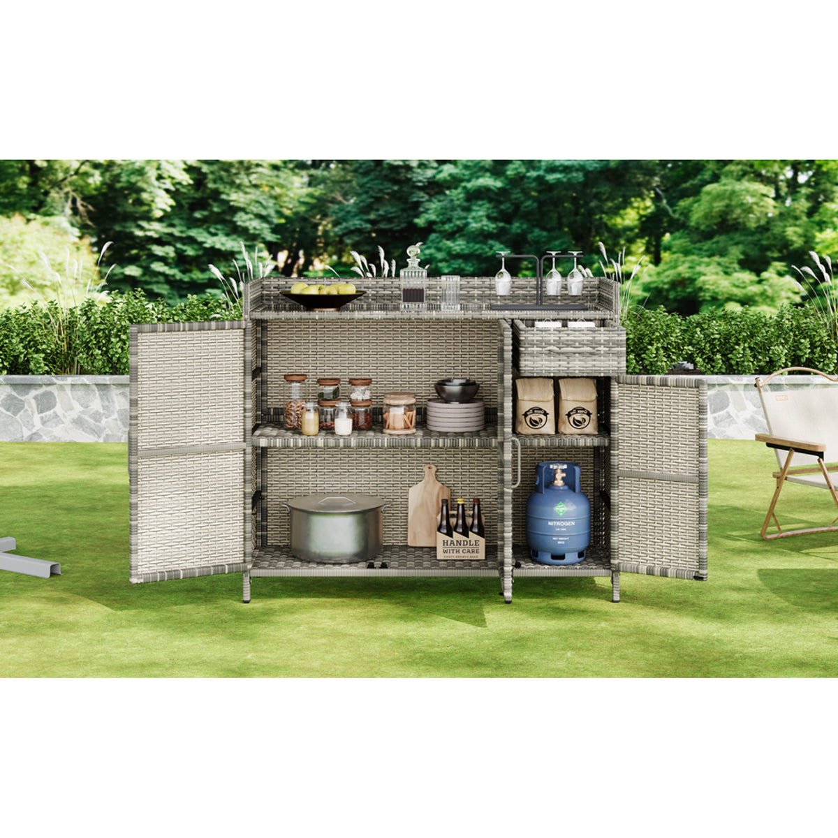 variant-group:rf-n707p233745g|Roomfitters 47.5" Wicker Outdoor Storage Cabinet, Rattan Bar Table with Glass Top, Adjustable Shelf, 3 Doors, Grey