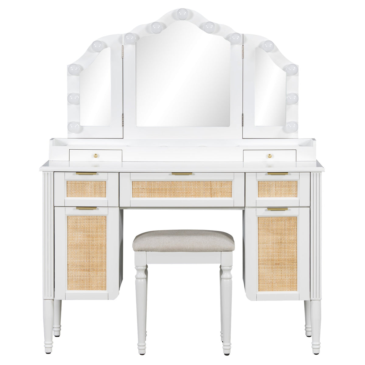 Roomfitters 44.37" Makeup Vanity with Lighted Tri-fold Mirror, French Vintage Rattan Dressing Table, Drawers and Stool, White Roomfitters