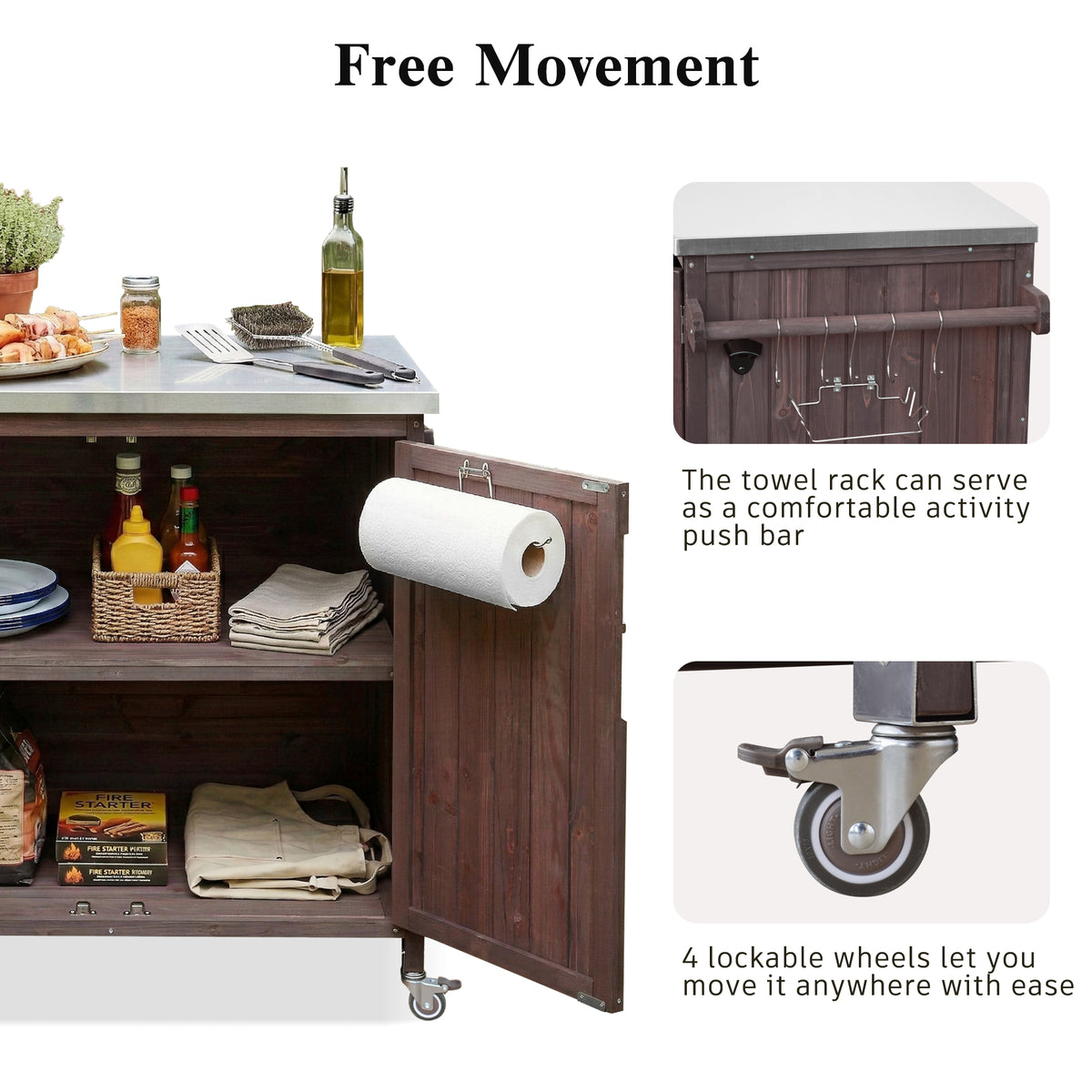 variant-group:rf-n707p370287z|Roomfitters 42.1" Grill Cart, Outdoor Kitchen Island with Stainless Steel Top, BBQ Prep Station with Spice Rack, Dark Brown