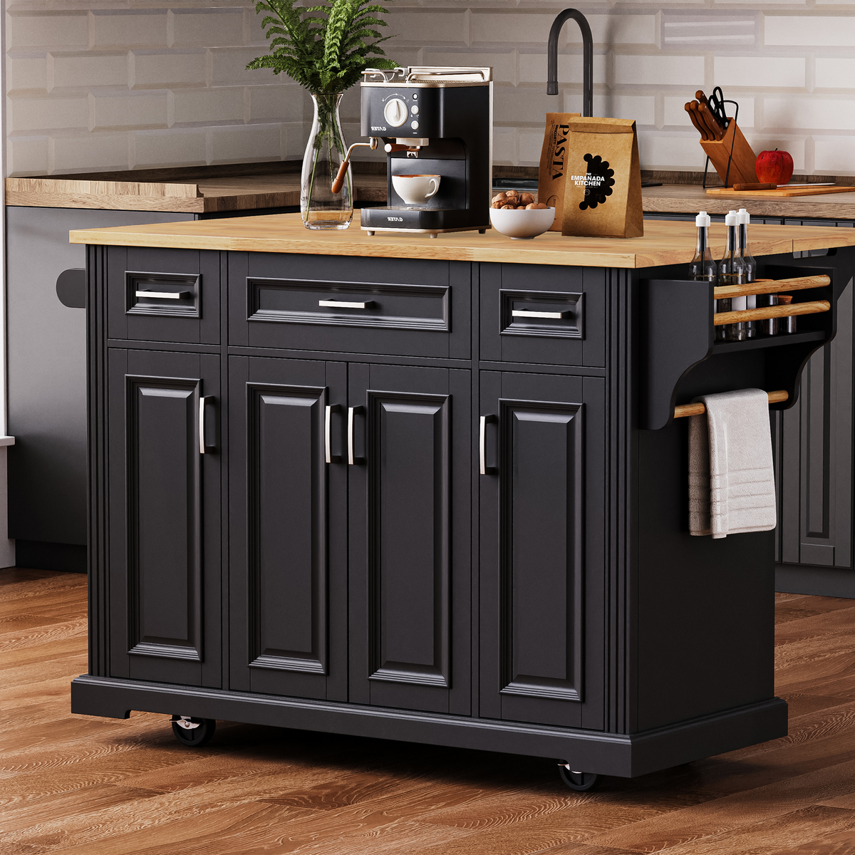 variant-group:rf-n707s195395b|Roomfitters 54" Kitchen Island with Wood Top, Rolling Storage Cabinet with 3 Drawers and 3 Doors, Spice Rack, Black