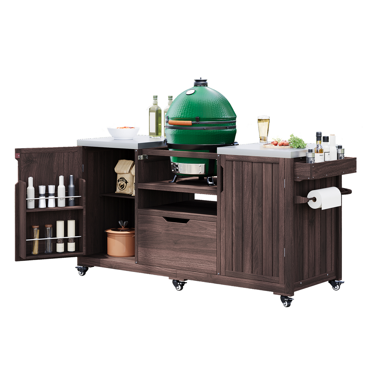 variant-group:rf-n707p250629z|Roomfitters 66.5" Outdoor Kitchen Island for Big Kamado Grills, Wood Grill Cart with Stainless Steel Top, Storage, Dark Brown