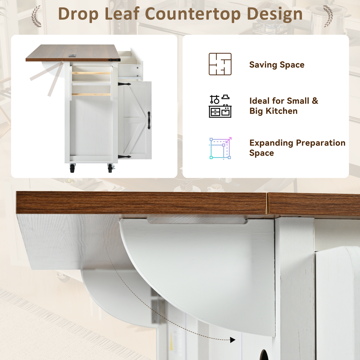 Roomfitters 53.5" Kitchen Island with Power Outlet and Drop Leaf, Rolling Storage Cabinet with Spice Rack, Modern Style, White
