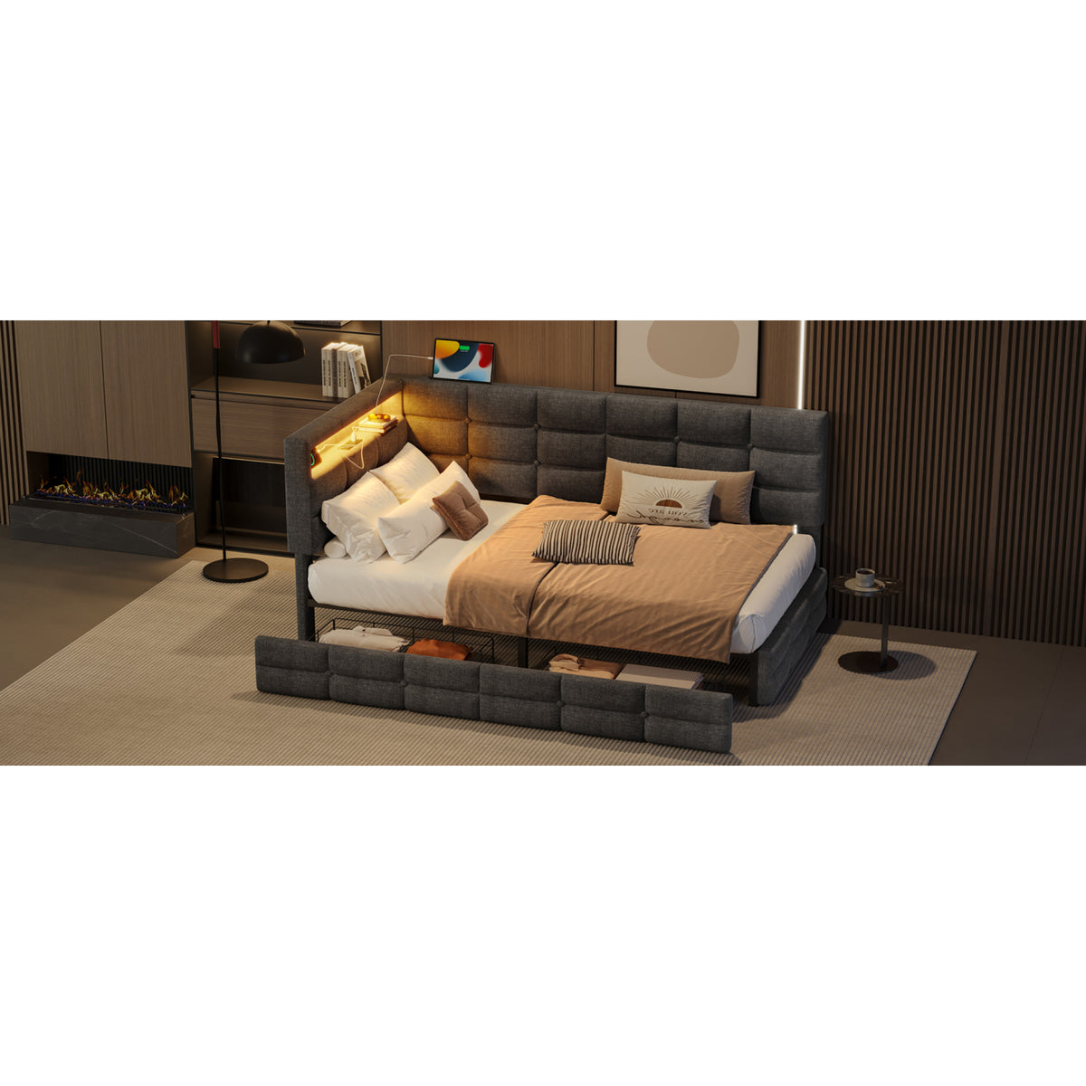 variant-group:rf-n733p285121e|Roomfitters Upholstered Twin Size Daybed with Storage Drawers and Charging Station, Bed Frame with Storage Headboard, No Box Spring Needed, Gray