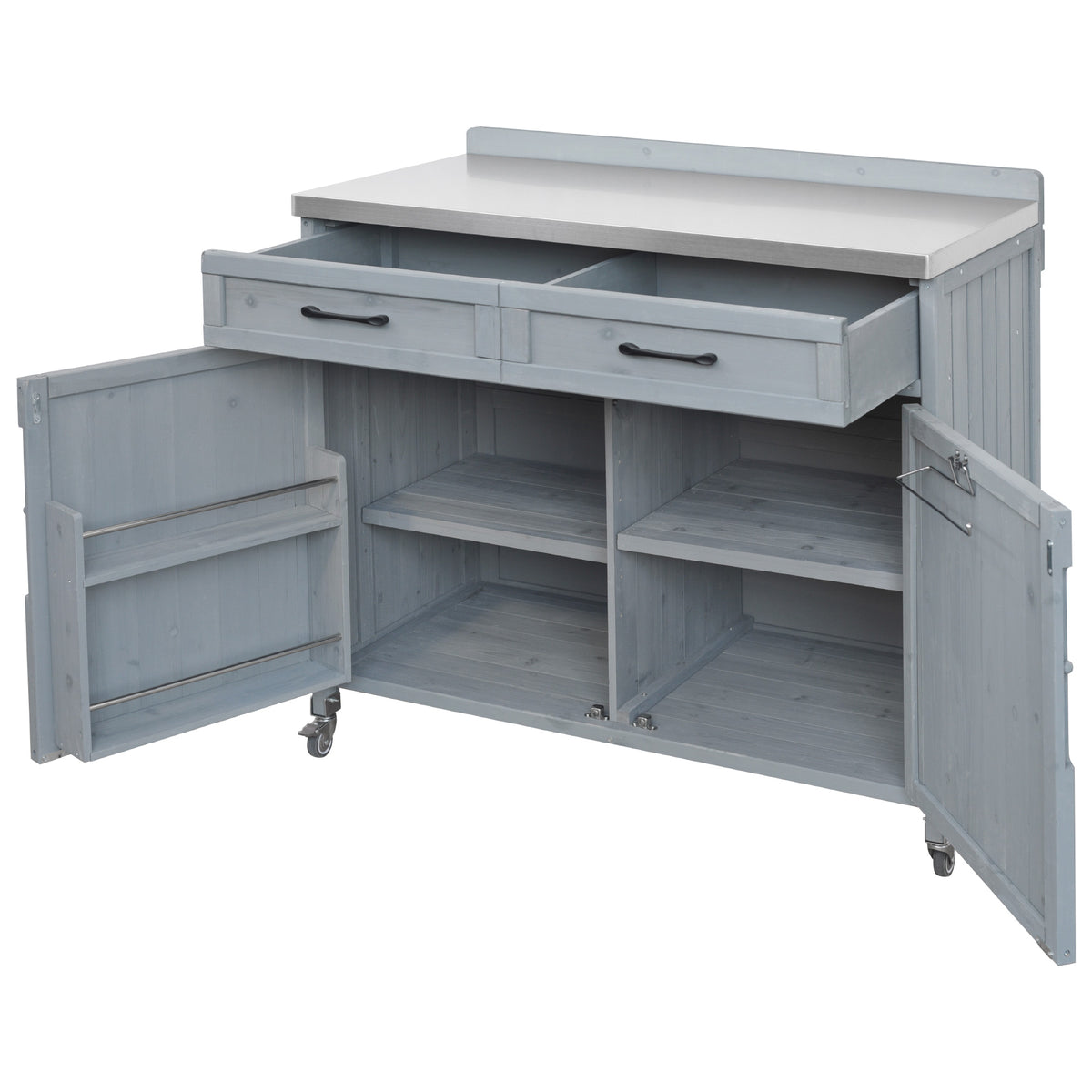 variant-group:rf-n707p370273g|Roomfitters 39.4" Grill Cart, Outdoor Kitchen Island with Stainless Steel Top, BBQ Prep Station with Storage Cabinet, Grey+Blue