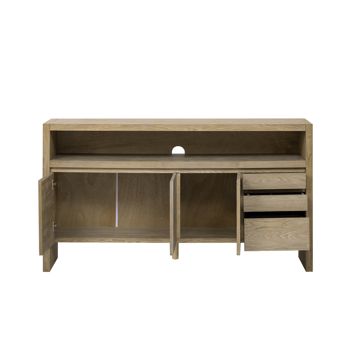 variant-group:rf-n711p289141o|Roomfitters 60" Modern Solid Wood Veneer Sideboard with 3 Doors & 3 Drawers, Open Shelf & Cable Cutout, Large Storage Cabinet for Dining, Hallway, Living Room, Natural