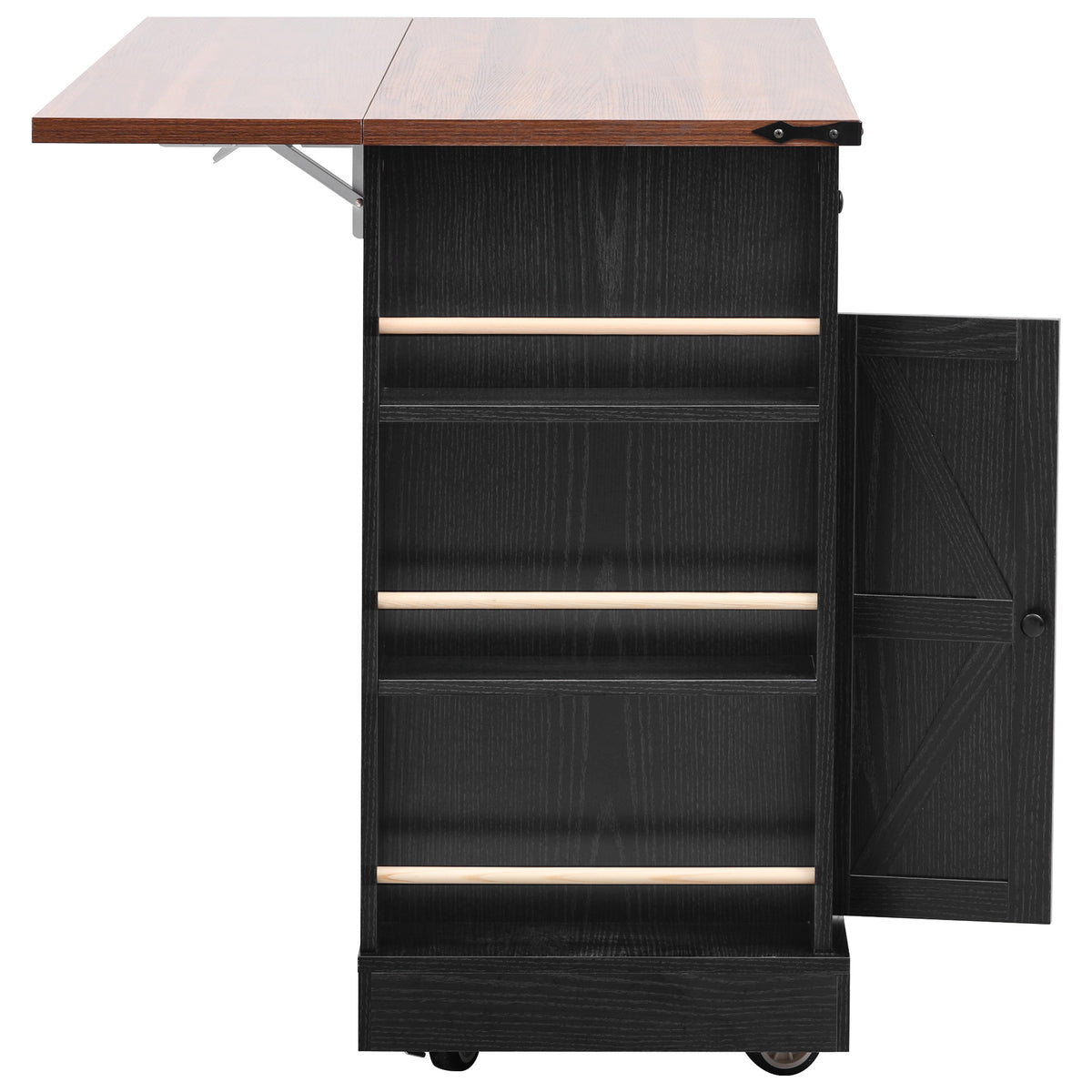 variant-group:rf-n707p263637b|Roomfitters 53" Rolling Kitchen Island with Drop Leaf, Mobile Cart with Glass Doors, 5 Side Shelves & Power Outlets, Black